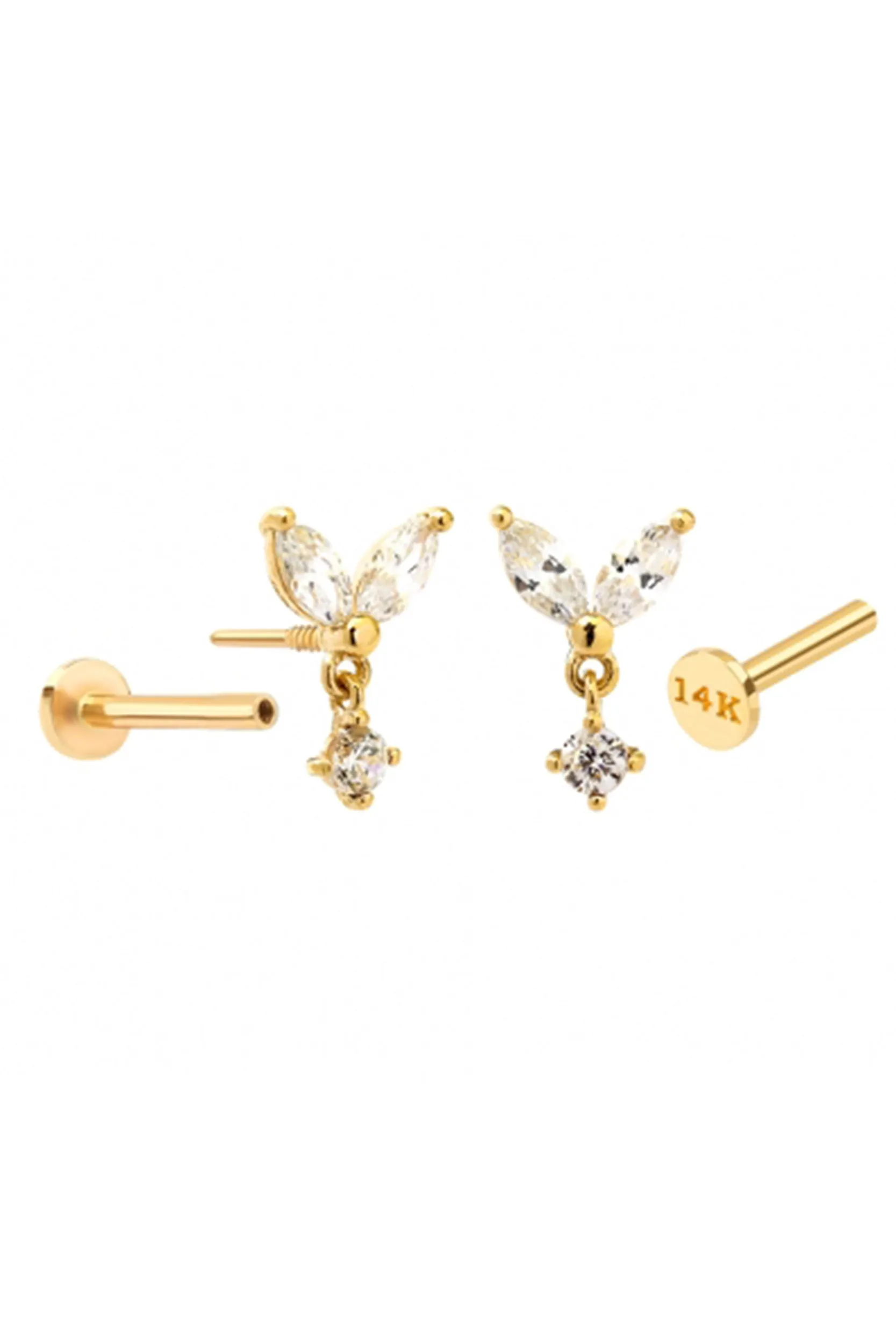 14k Gold Minimalist Heart Cz Dangle Cartilage Tragus Helix Lobe Internally Threaded Flat Back Earring Labret