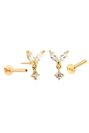 14k Gold Minimalist Heart Cz Dangle Cartilage Tragus Helix Lobe Internally Threaded Flat Back Earring Labret