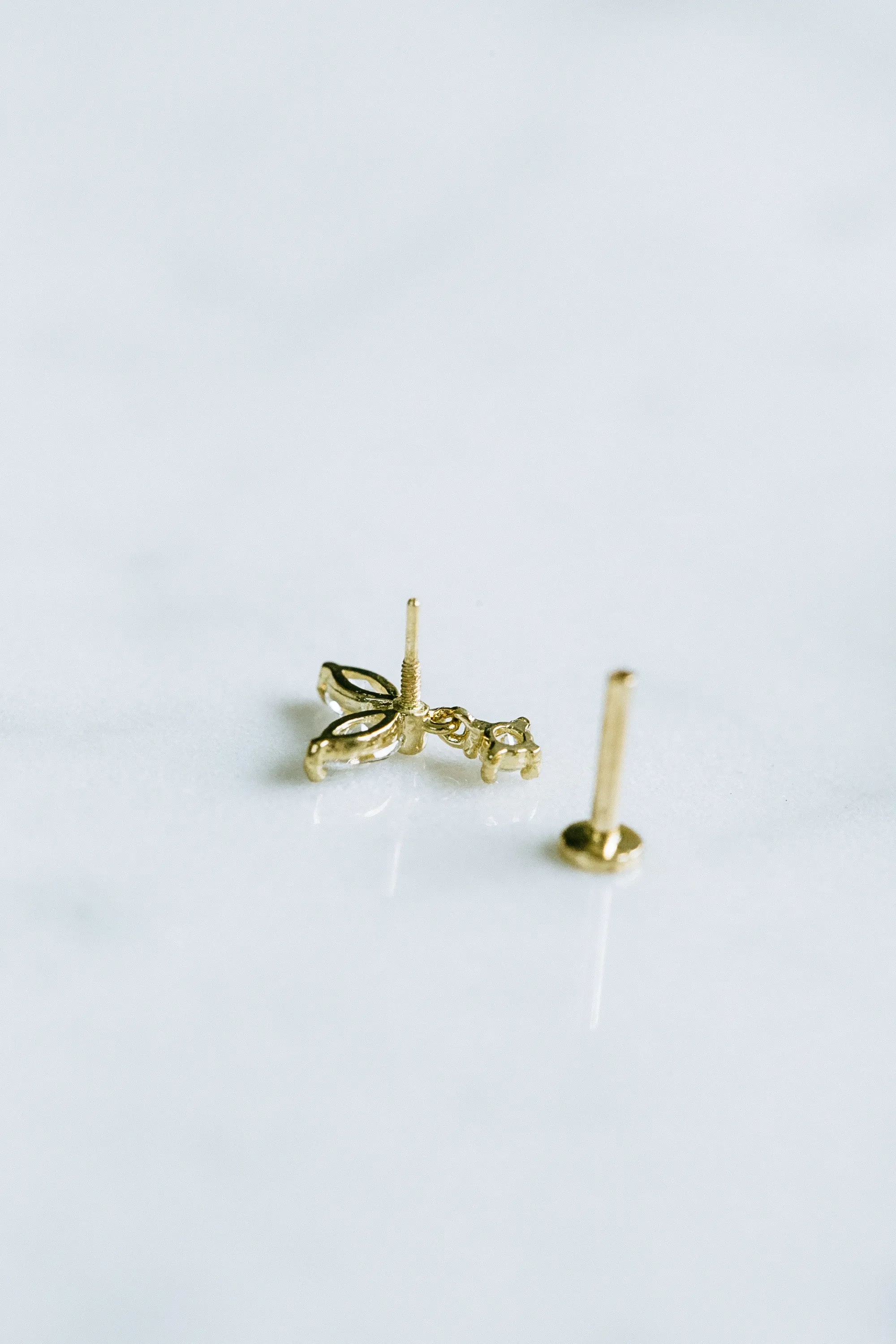 14k Gold Minimalist Heart Cz Dangle Cartilage Tragus Helix Lobe Internally Threaded Flat Back Earring Labret