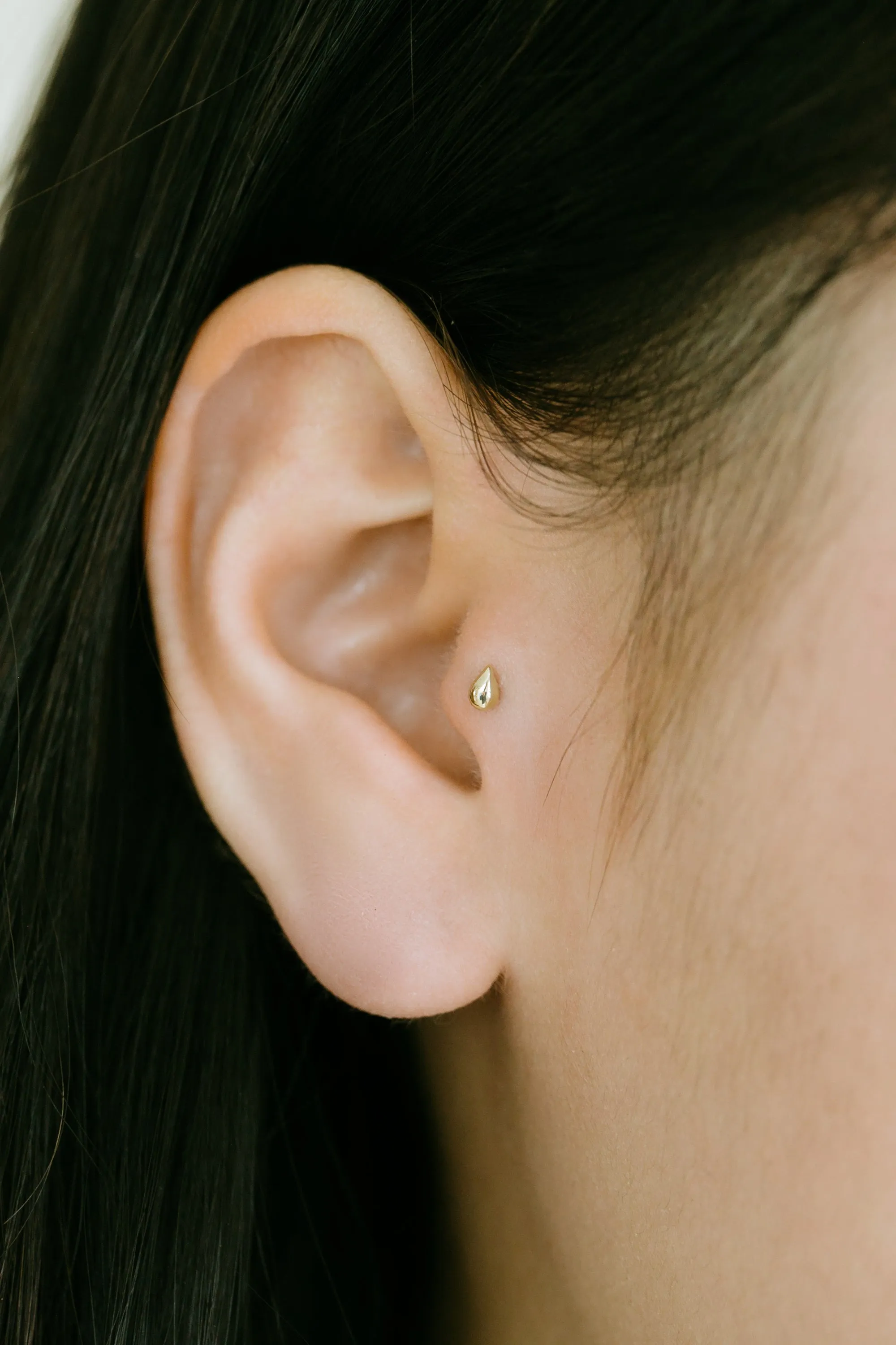 14k Gold Minimalist Teardrop Raindrop Cartilage Tragus Helix Lobe Internally Threaded Flat Back Earring Labret