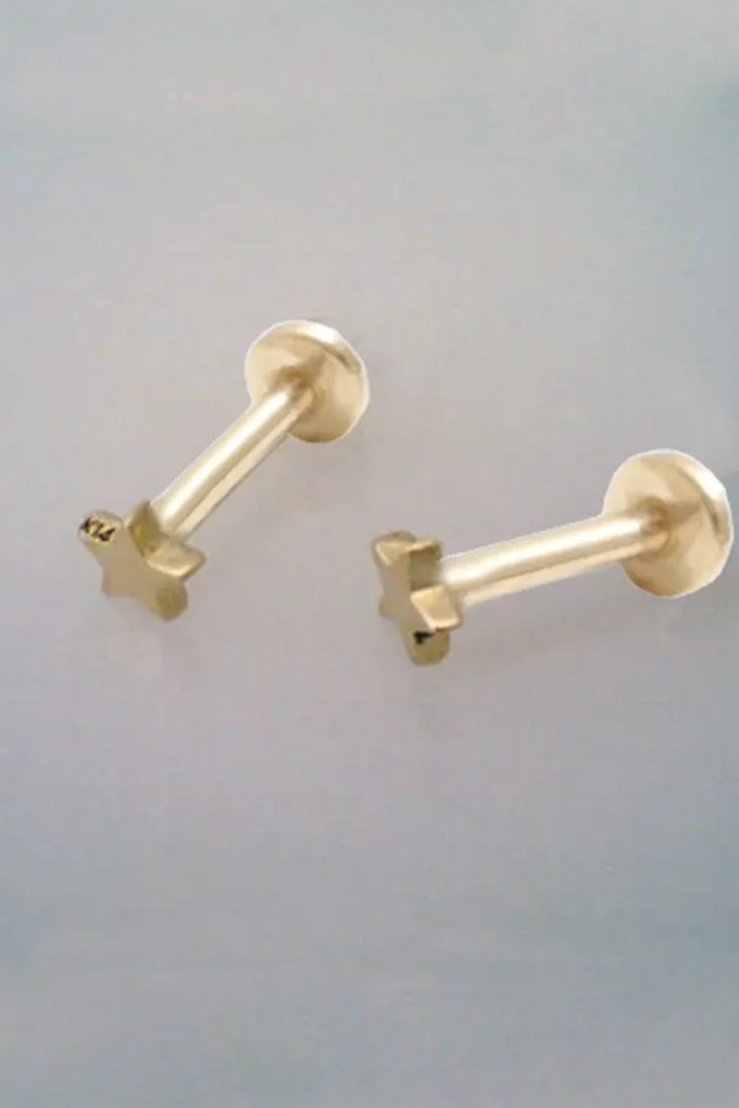 14k Solid Gold 3mm Star Helix Tragus Cartilage Internally Internally Threaded Flat Back Labret Earring