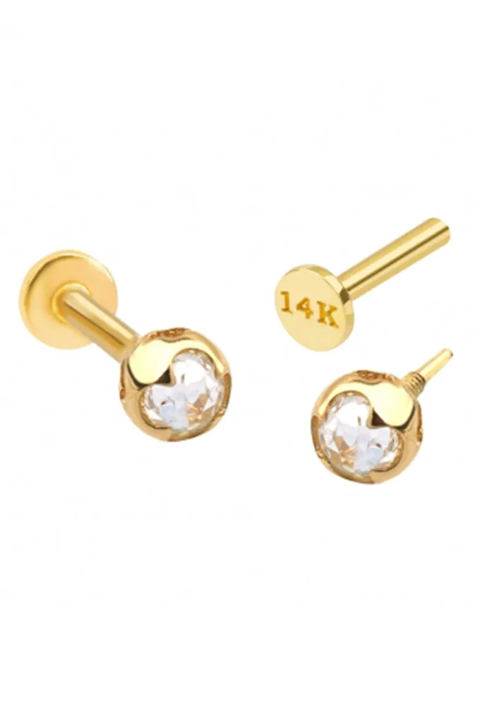 14k Solid Gold 4 Leaf Clover Heart Helix Cartilage Internally Threaded Flat Back Earring Labret Stud