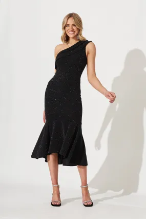 Alina One Shoulder Midi Dress In Black Glitter