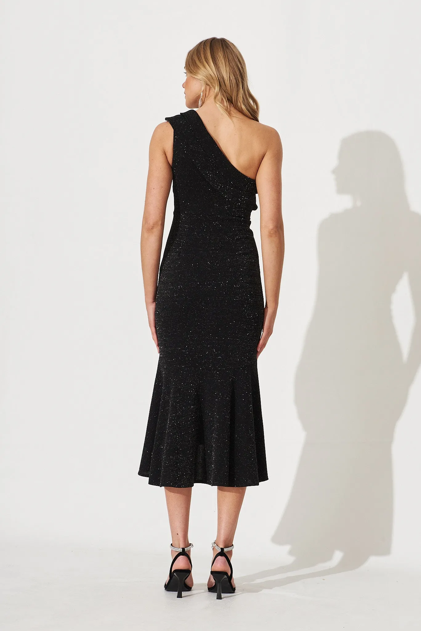 Alina One Shoulder Midi Dress In Black Glitter