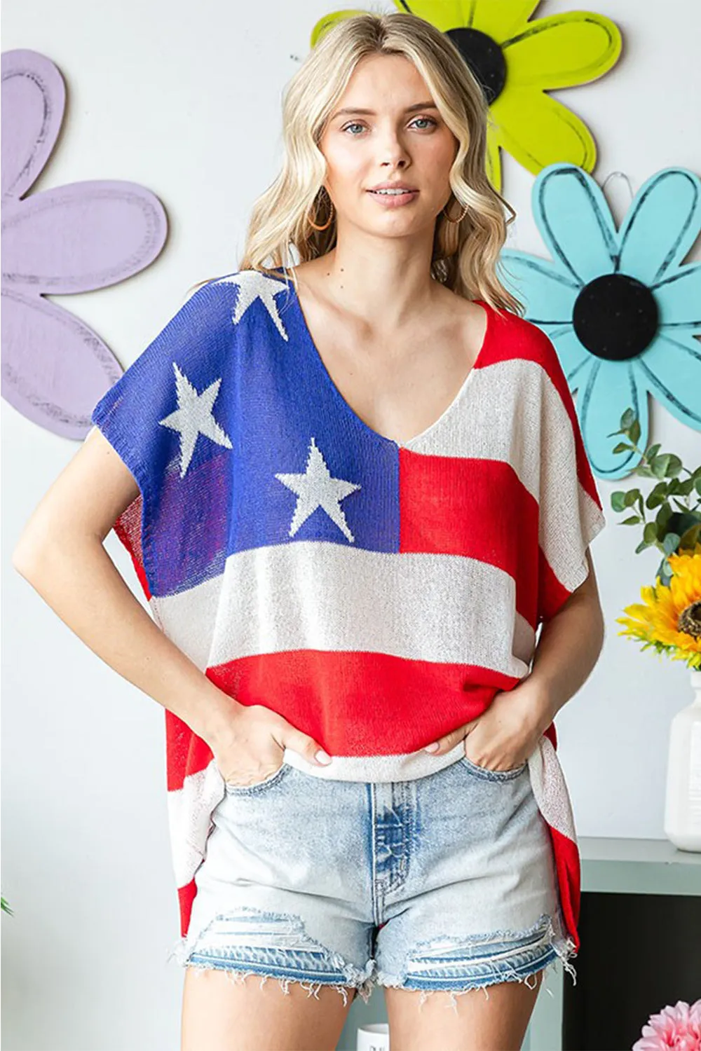 American Flag Drop Shoulder Knit Top