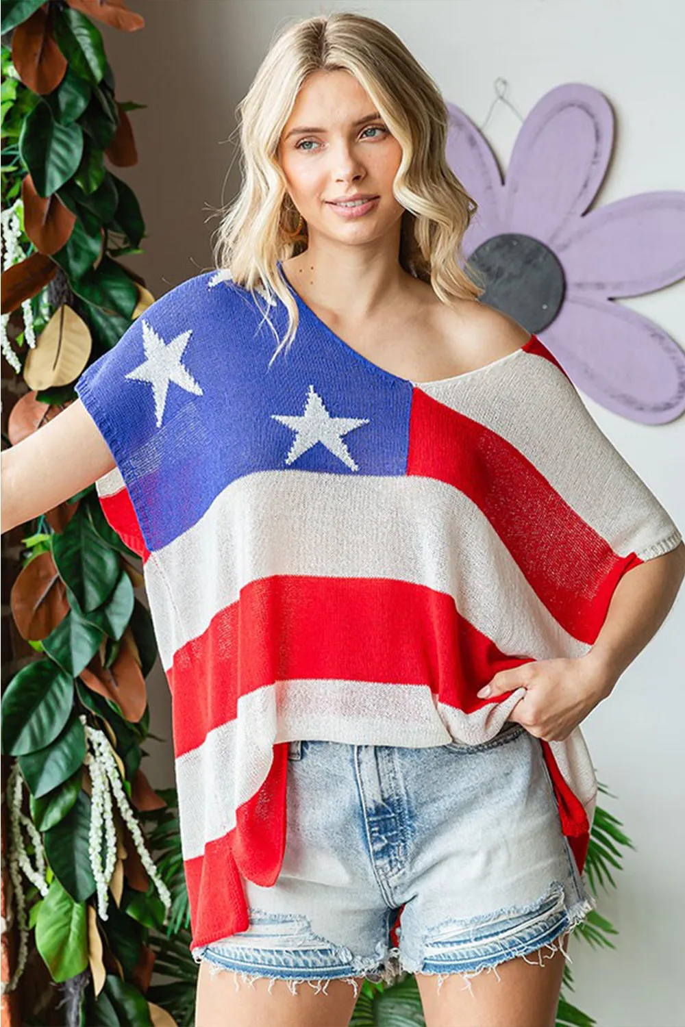 American Flag Drop Shoulder Knit Top