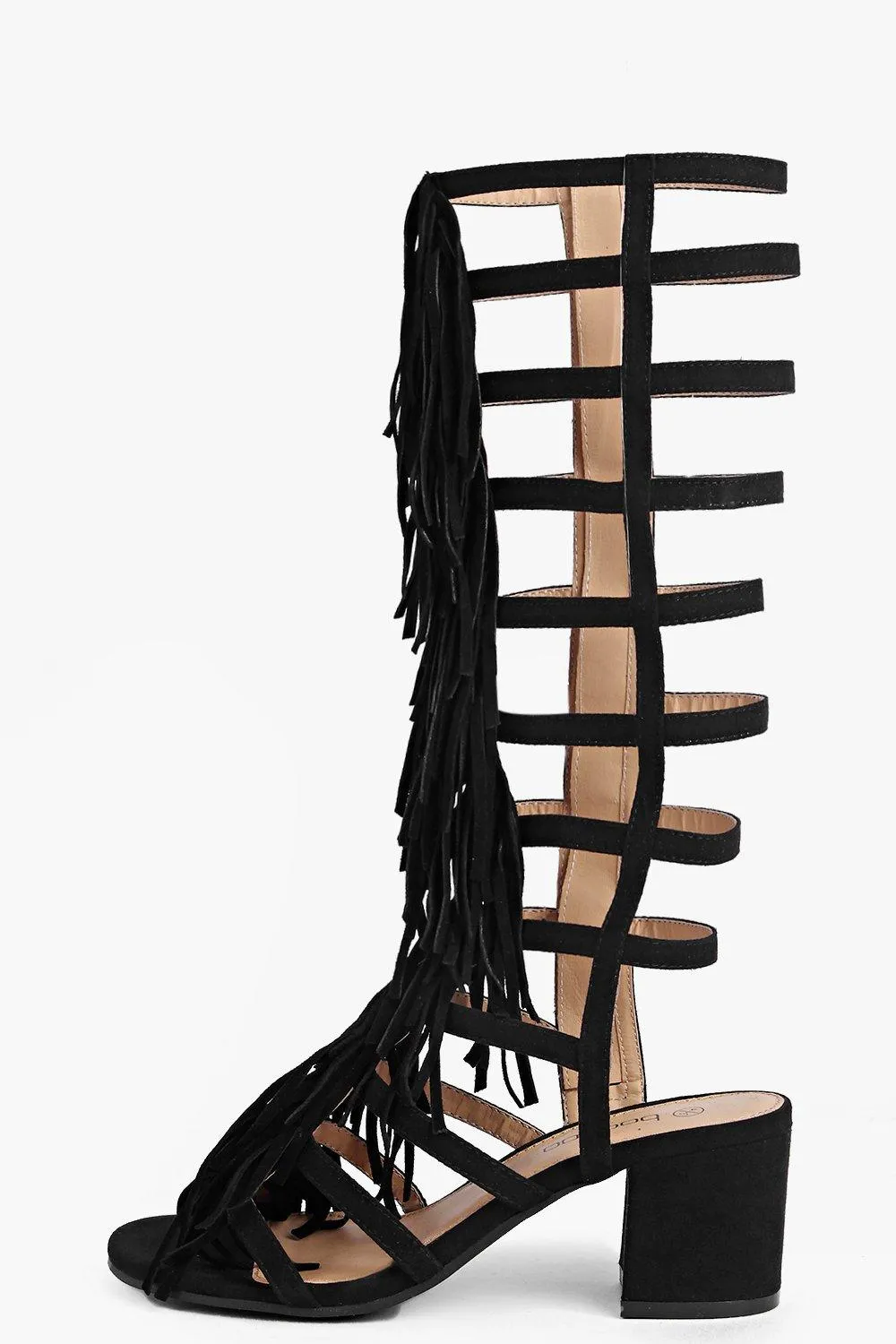 Anna Fringe Knee High Block Heel Sandal