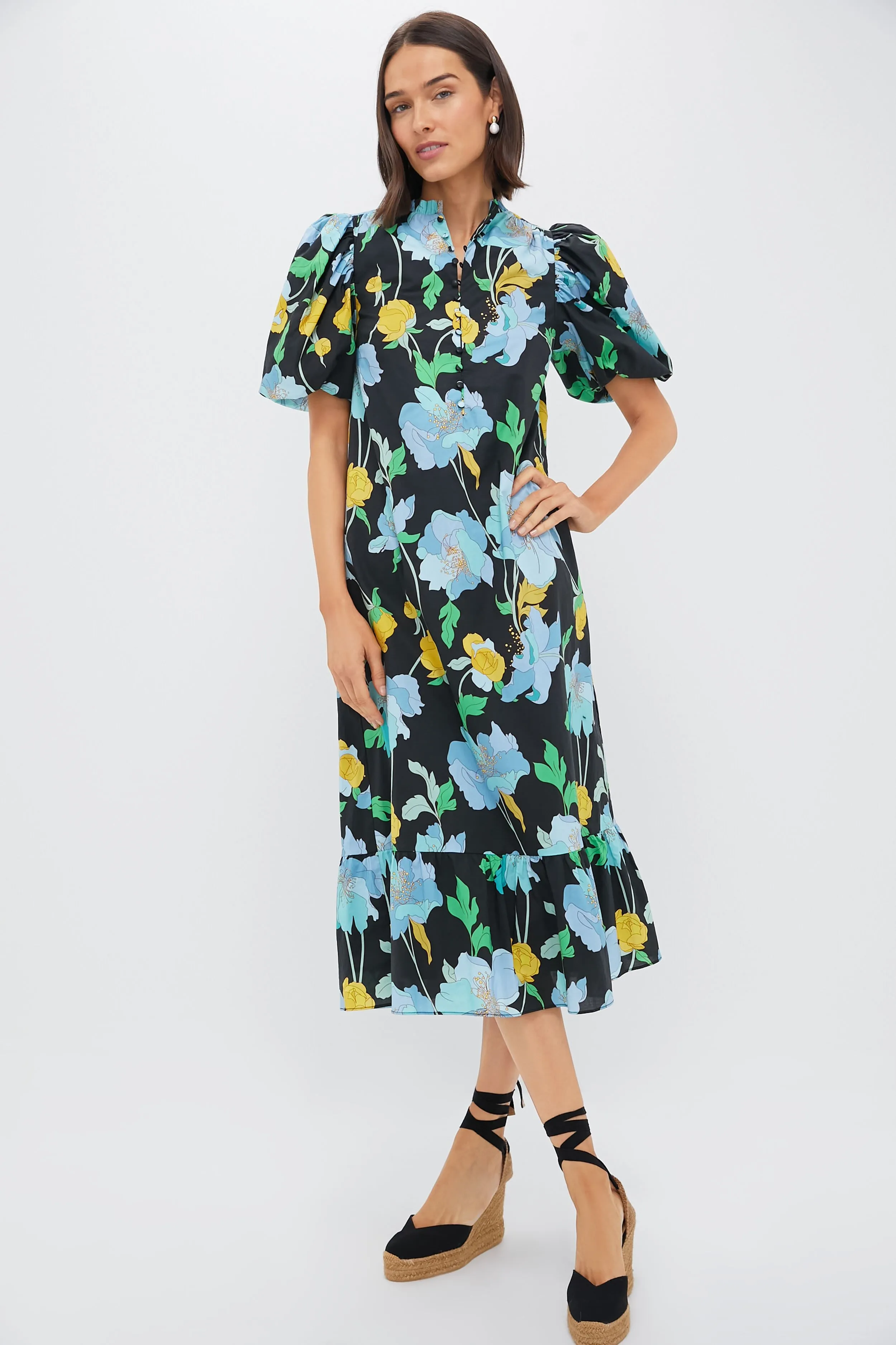 Black & Airy Blue Floral Mimi Midi Dress