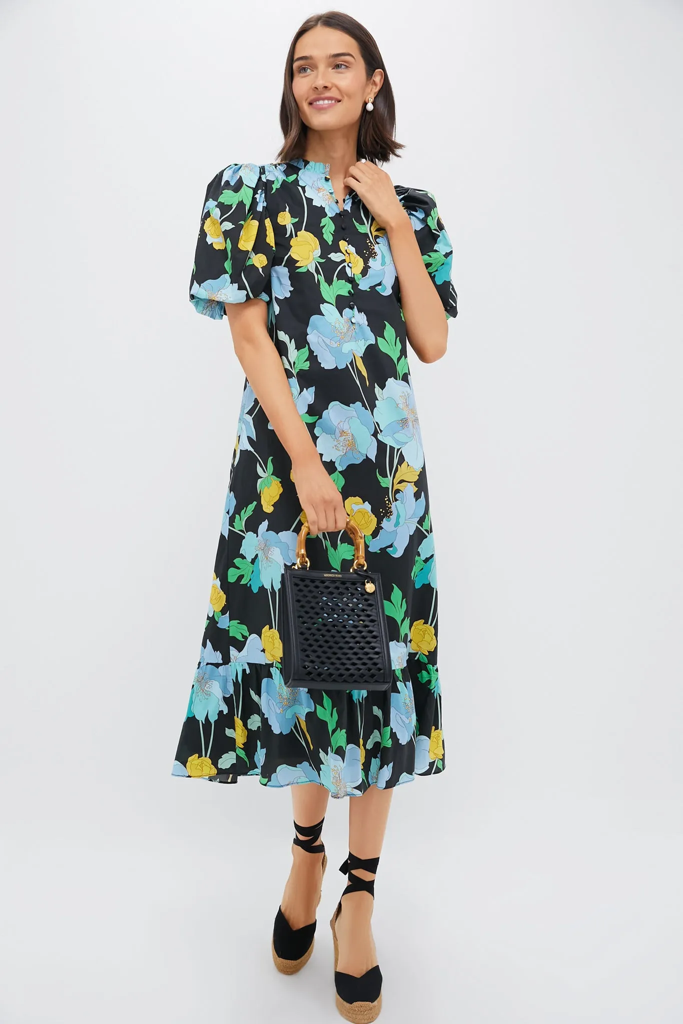 Black & Airy Blue Floral Mimi Midi Dress