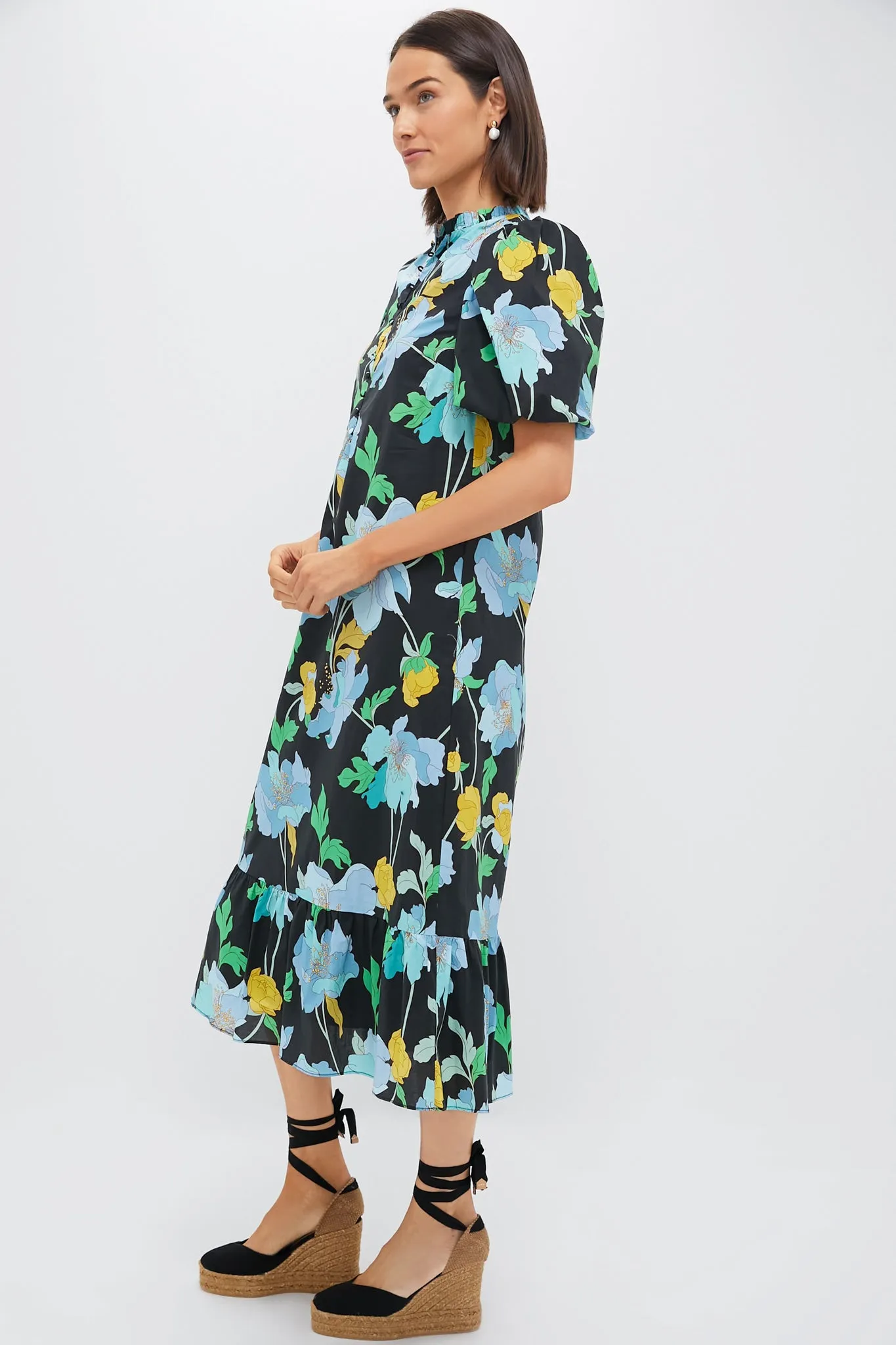 Black & Airy Blue Floral Mimi Midi Dress