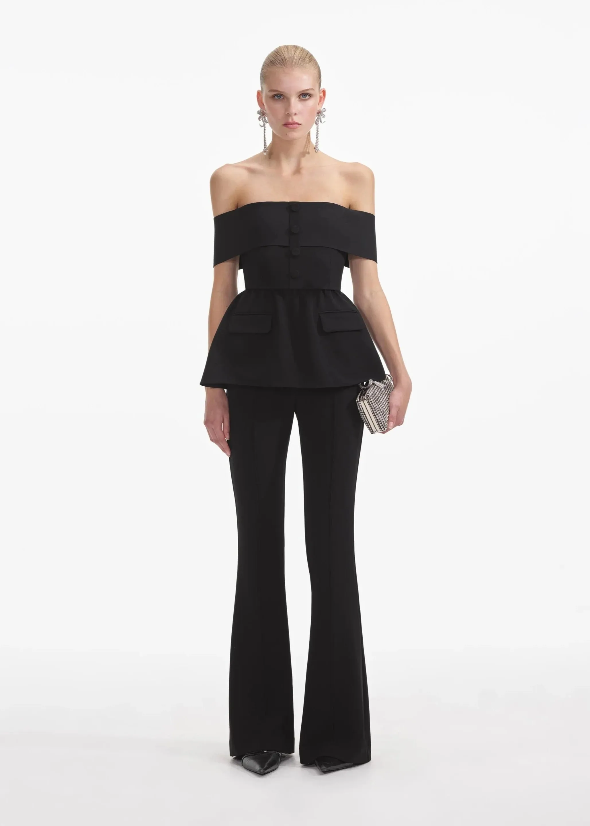 BLACK CREPE OFF SHOULDER JUMPSUIT - SELF PORTRAIT