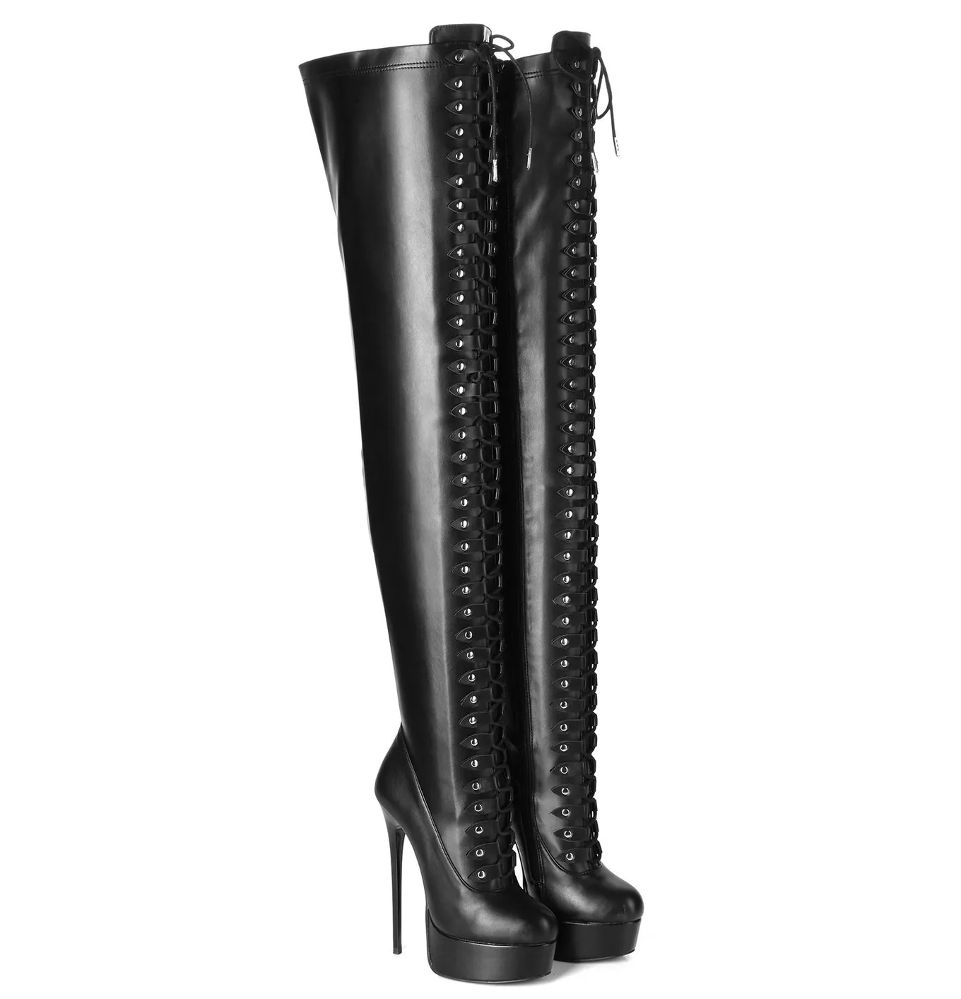 Black lace up Giaro high 16cm heeled thigh boots 