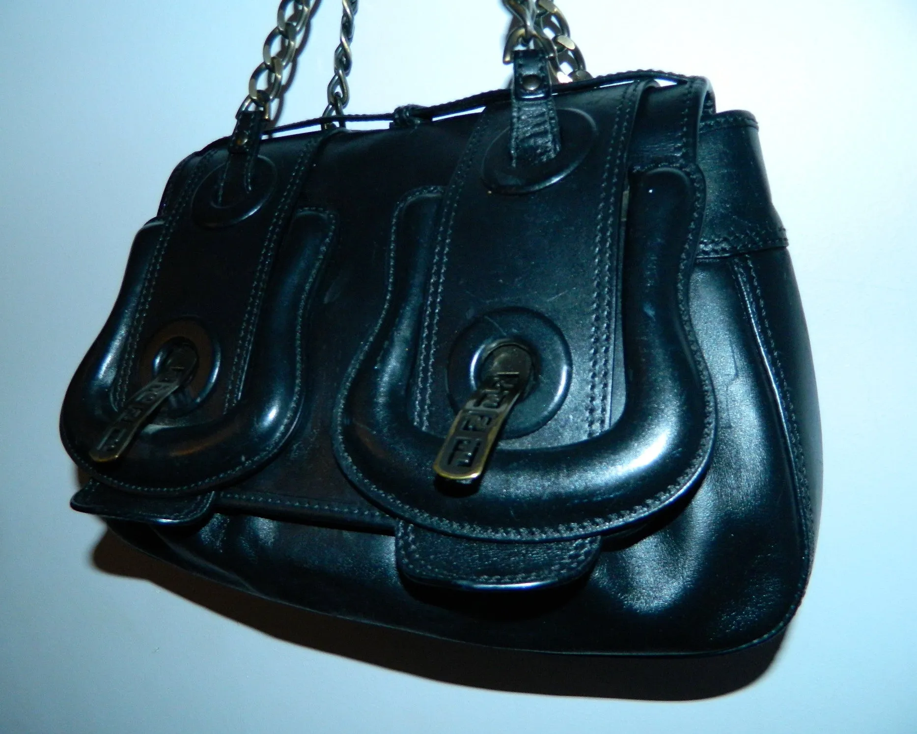 black leather FENDI B Buckle bag purse / chain straps