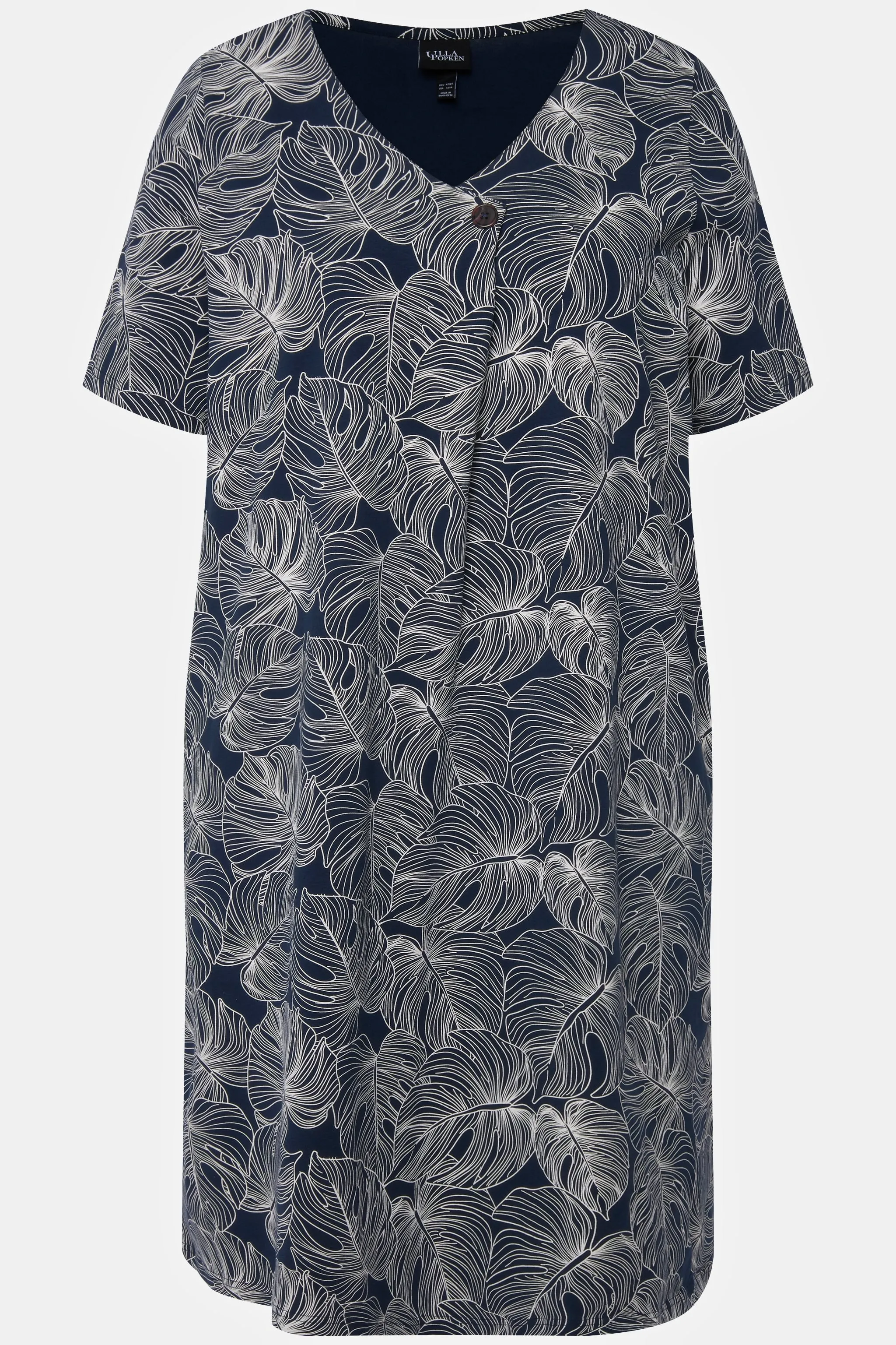 Black Monstera Print Short Sleeve Midi Dress