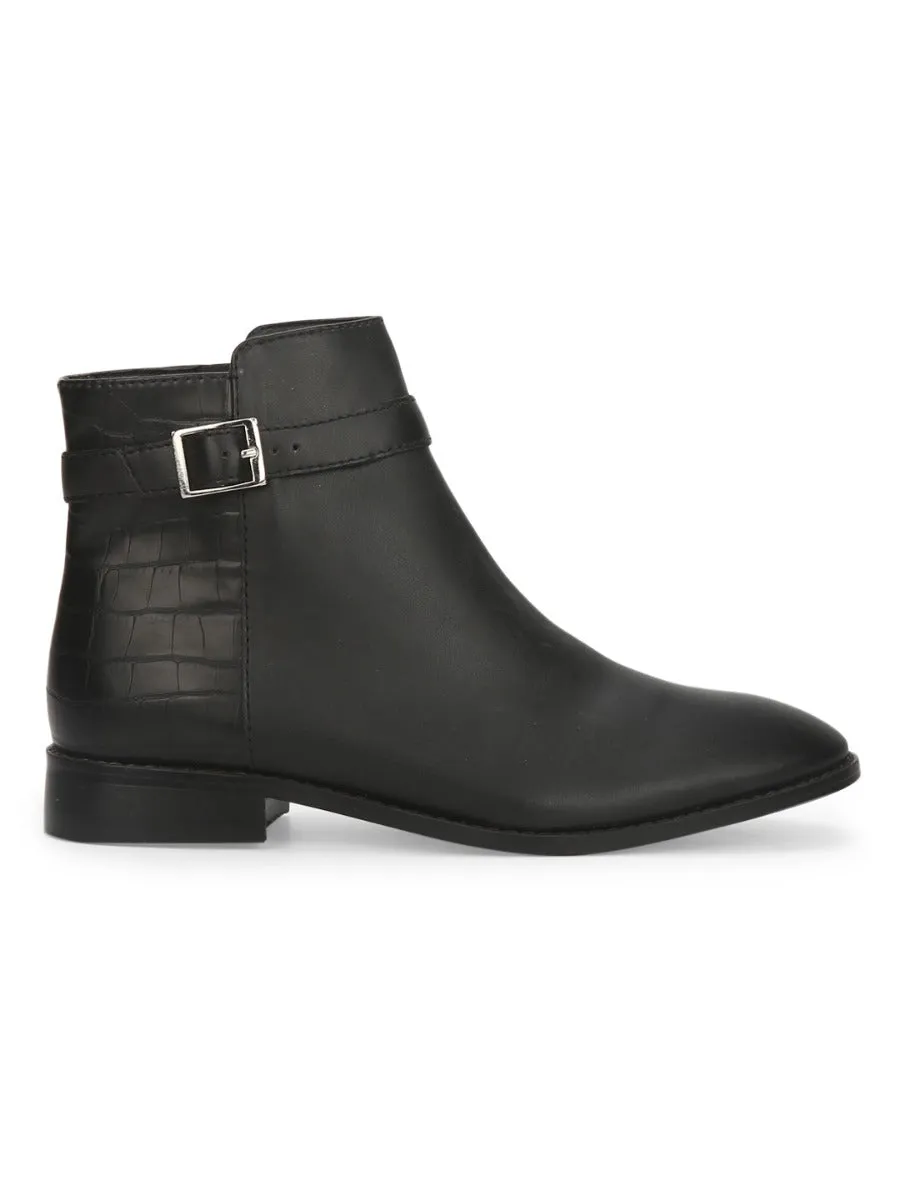 Black PU Side Buckle Low Ankle Boots