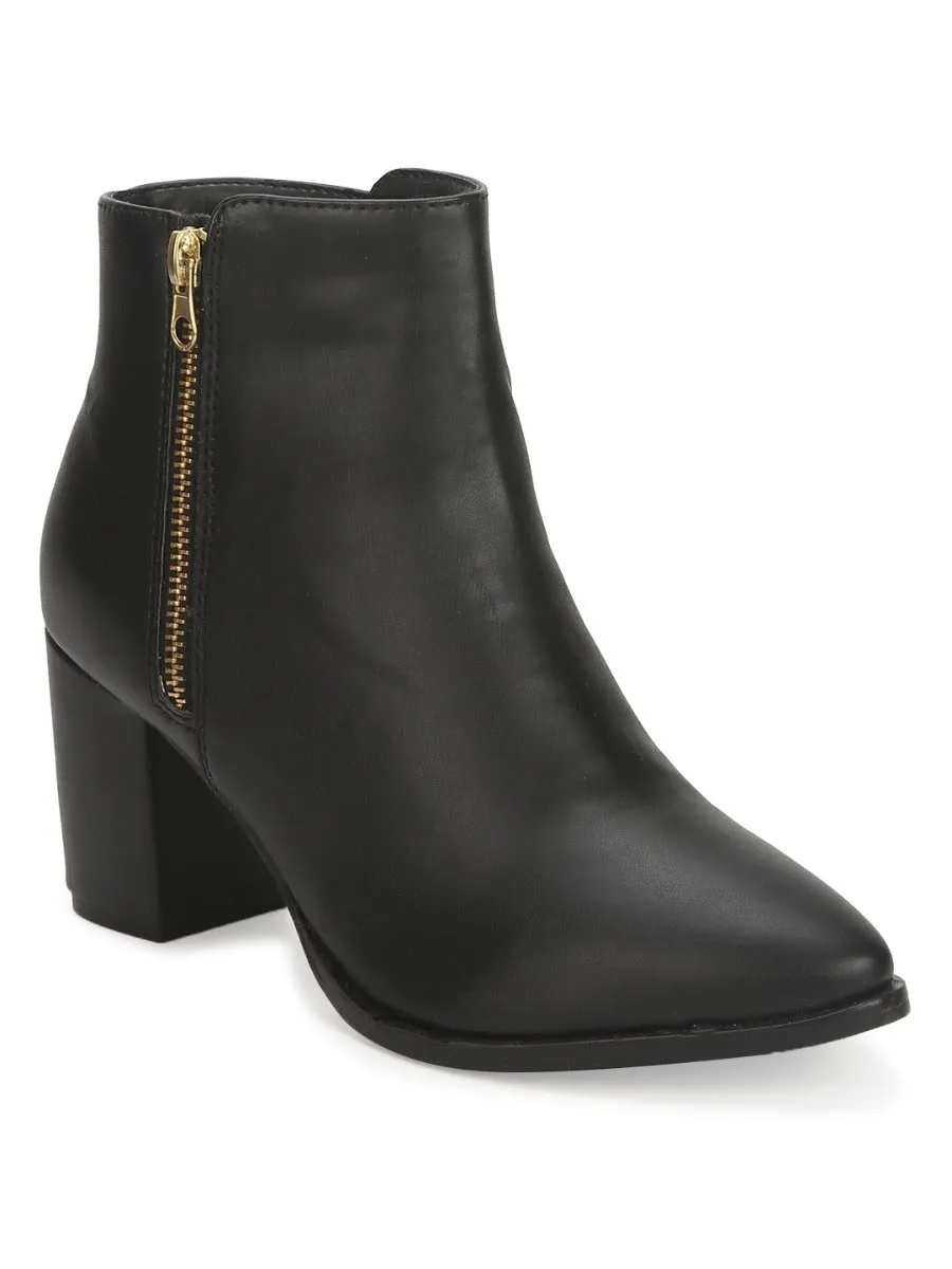 Black PU Side Zipper Ankle Boots