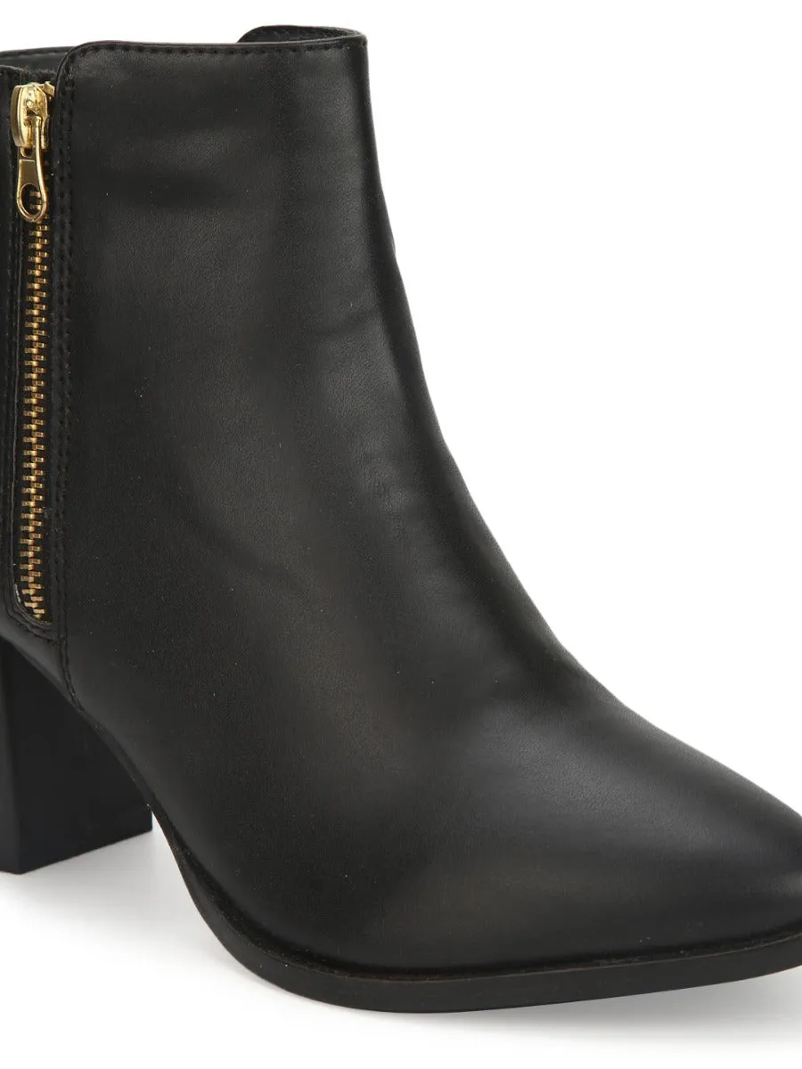 Black PU Side Zipper Ankle Boots