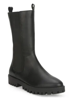 Black PU Slide On Calf Length Boots