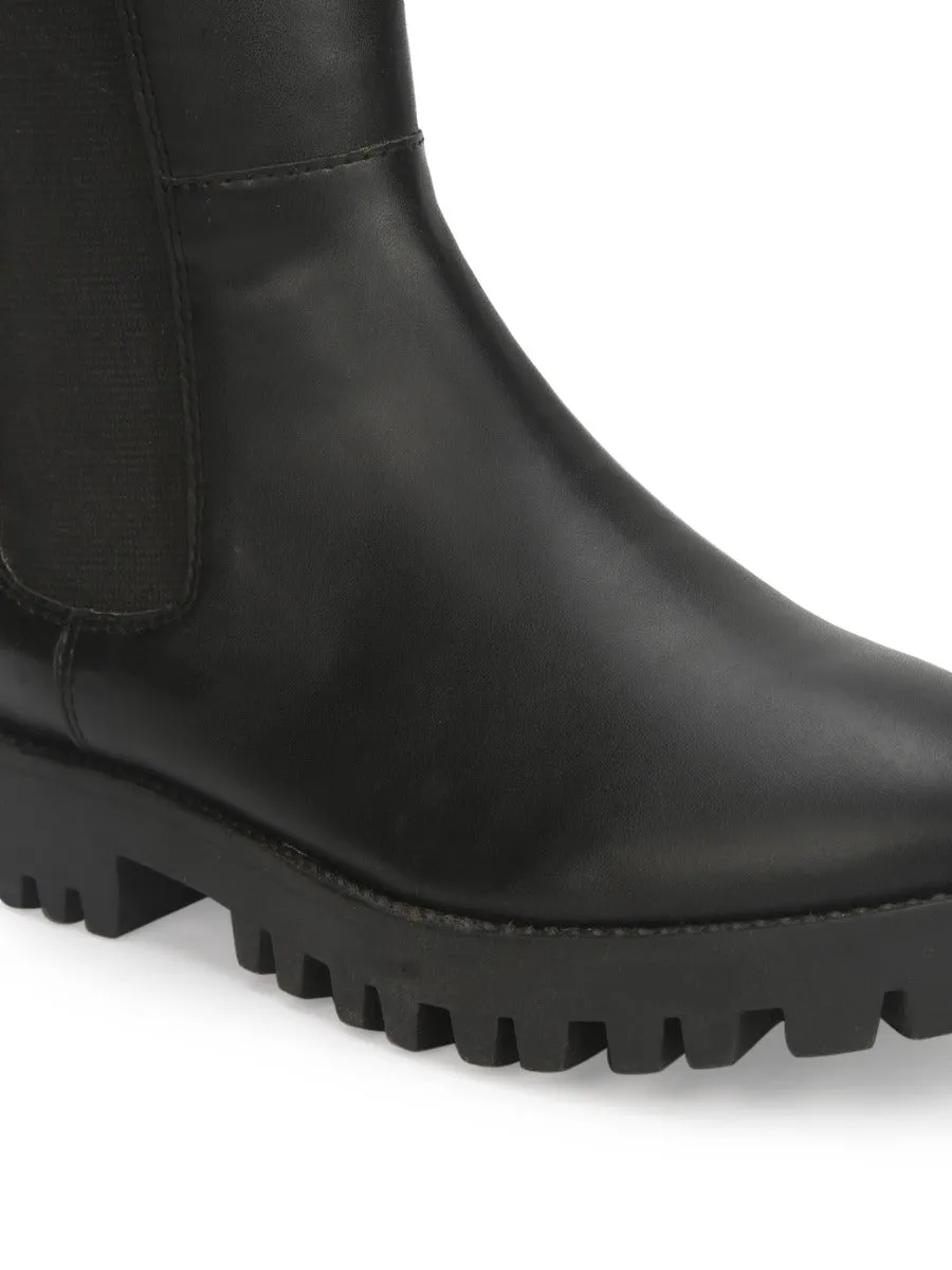 Black PU Slide On Calf Length Boots