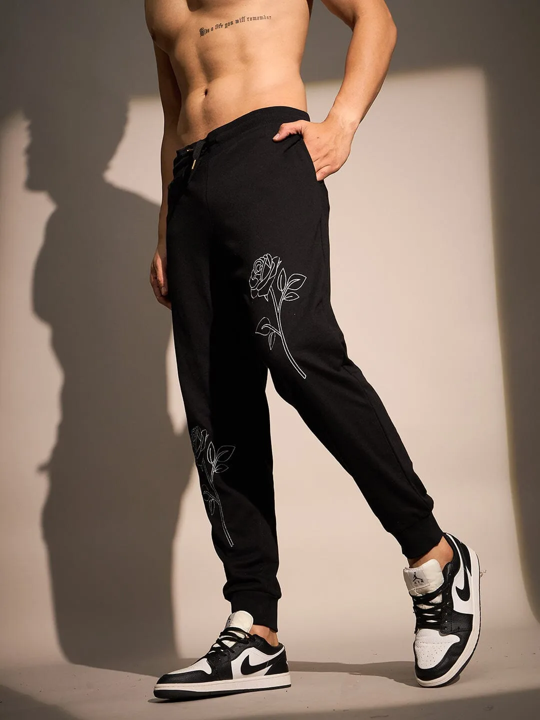 Black Rose Embroidered Relaxed Fit Joggers