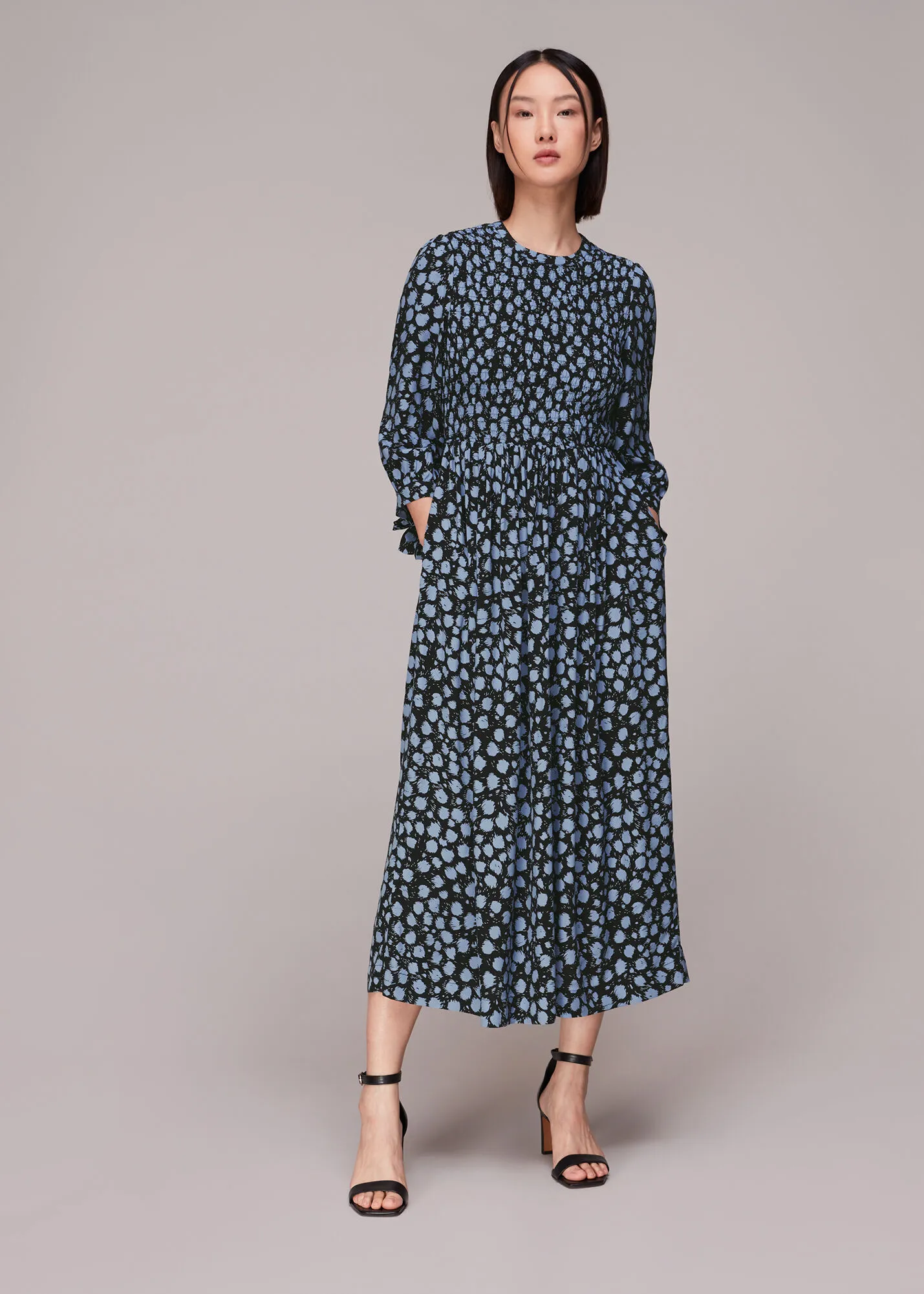 Blue Dalmatian Shirred Midi Dress