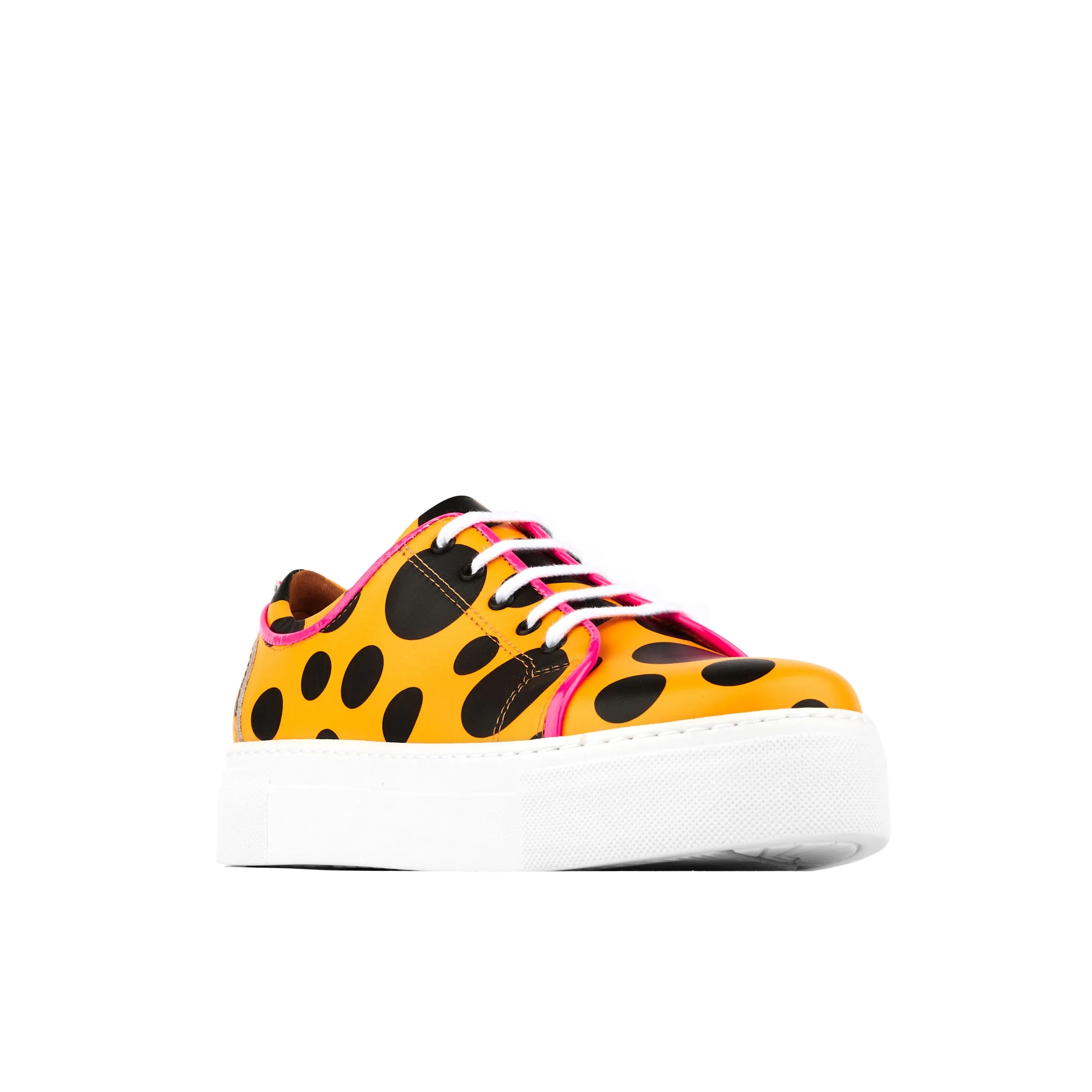 CAMILA ORANGE POLKA - Women's white platform sole leather trainer in polka dots