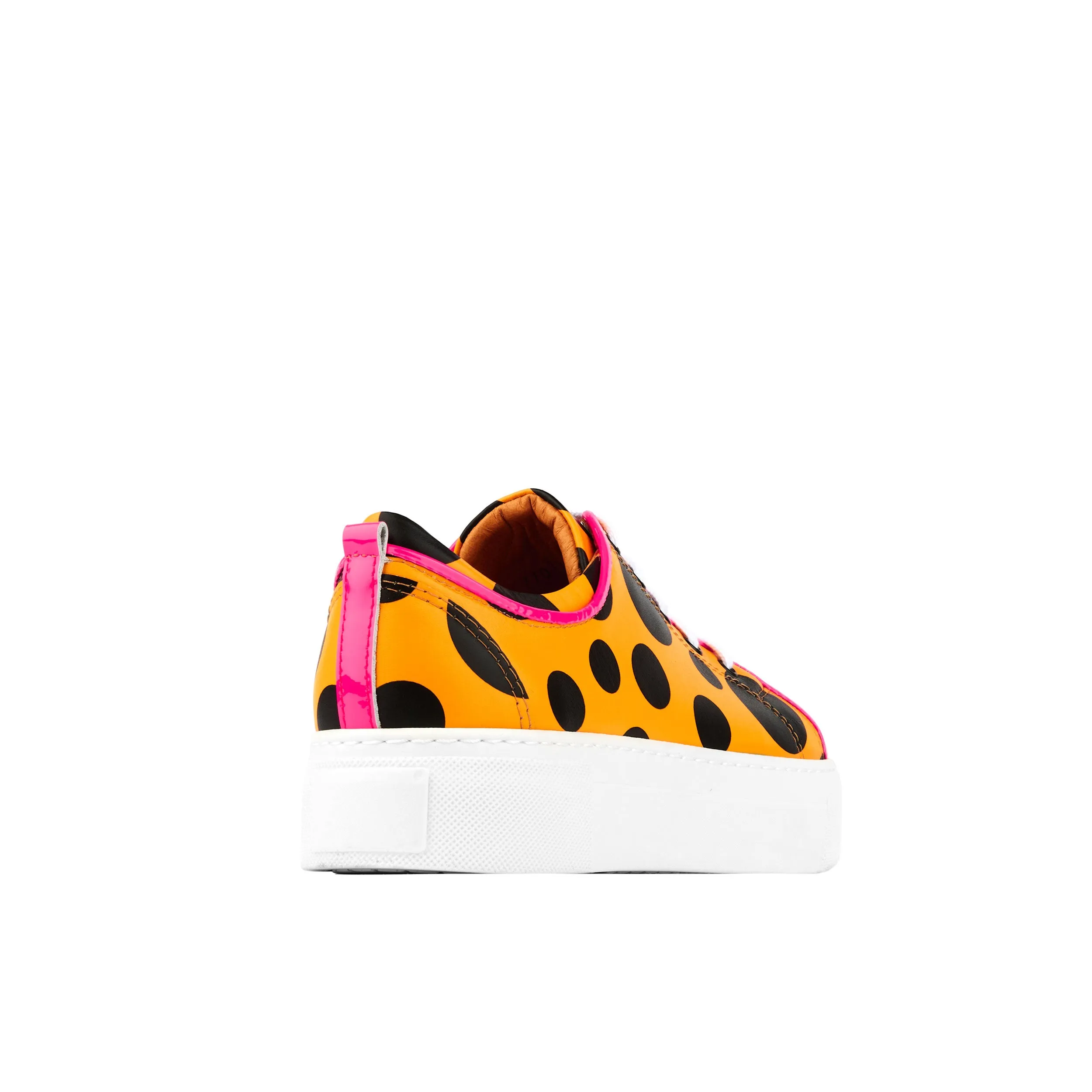 CAMILA ORANGE POLKA - Women's white platform sole leather trainer in polka dots