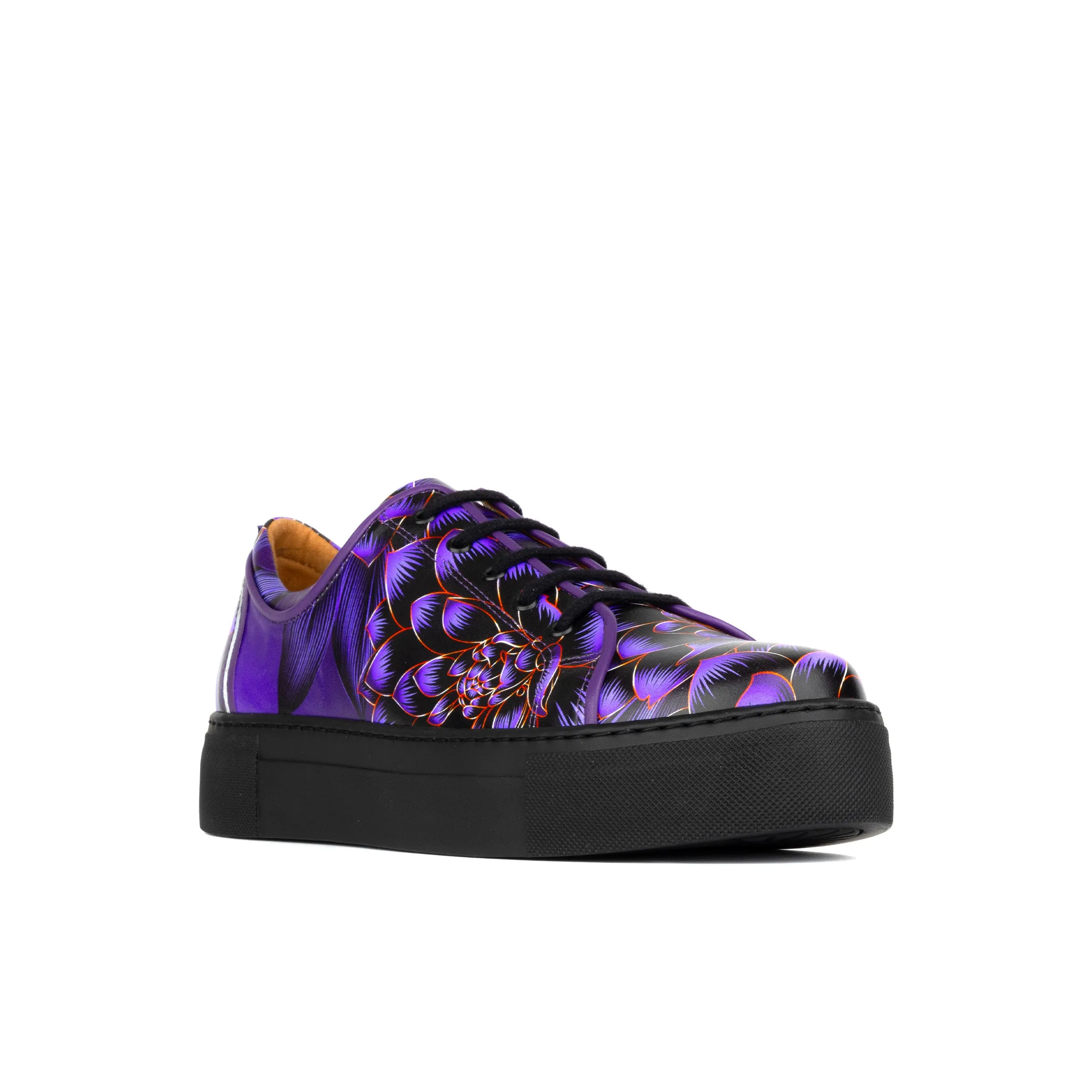 CAMILA PURPLE FLOWER - Women's black sole leather trainer with padded insoles