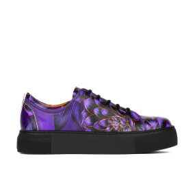 CAMILA PURPLE FLOWER - Women's black sole leather trainer with padded insoles