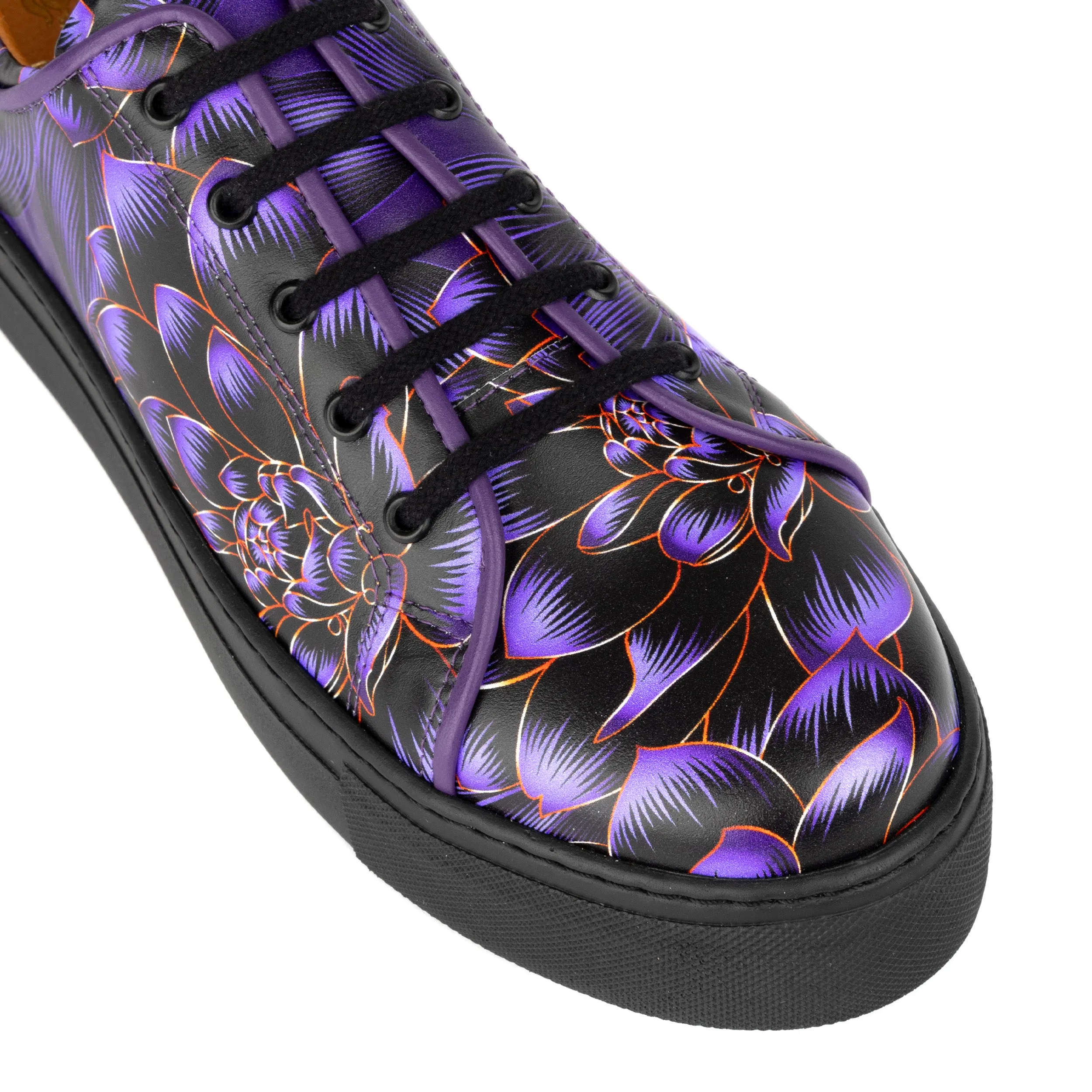 CAMILA PURPLE FLOWER - Women's black sole leather trainer with padded insoles