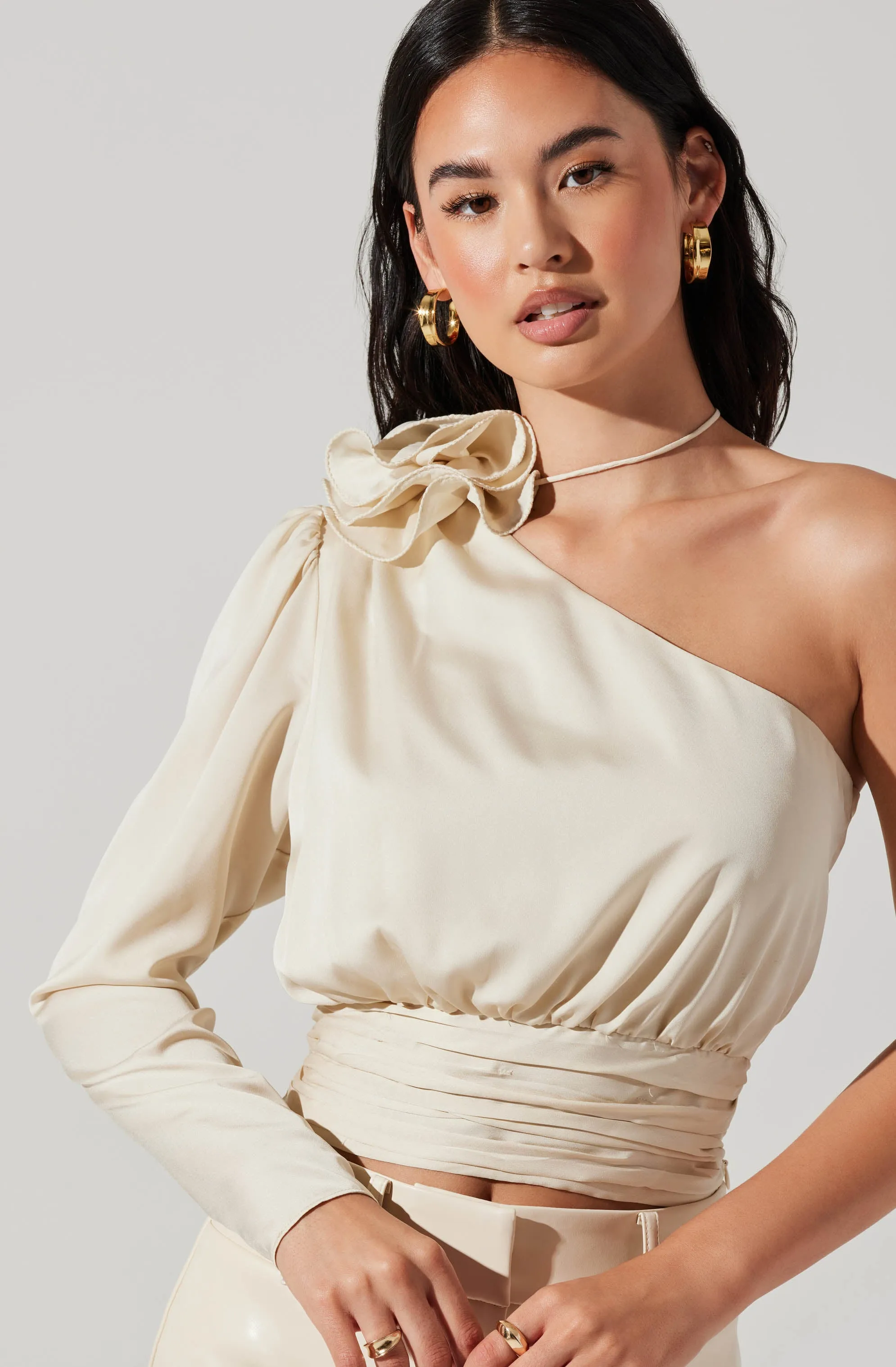 Carmelita One Shoulder Corsage Top in Satin