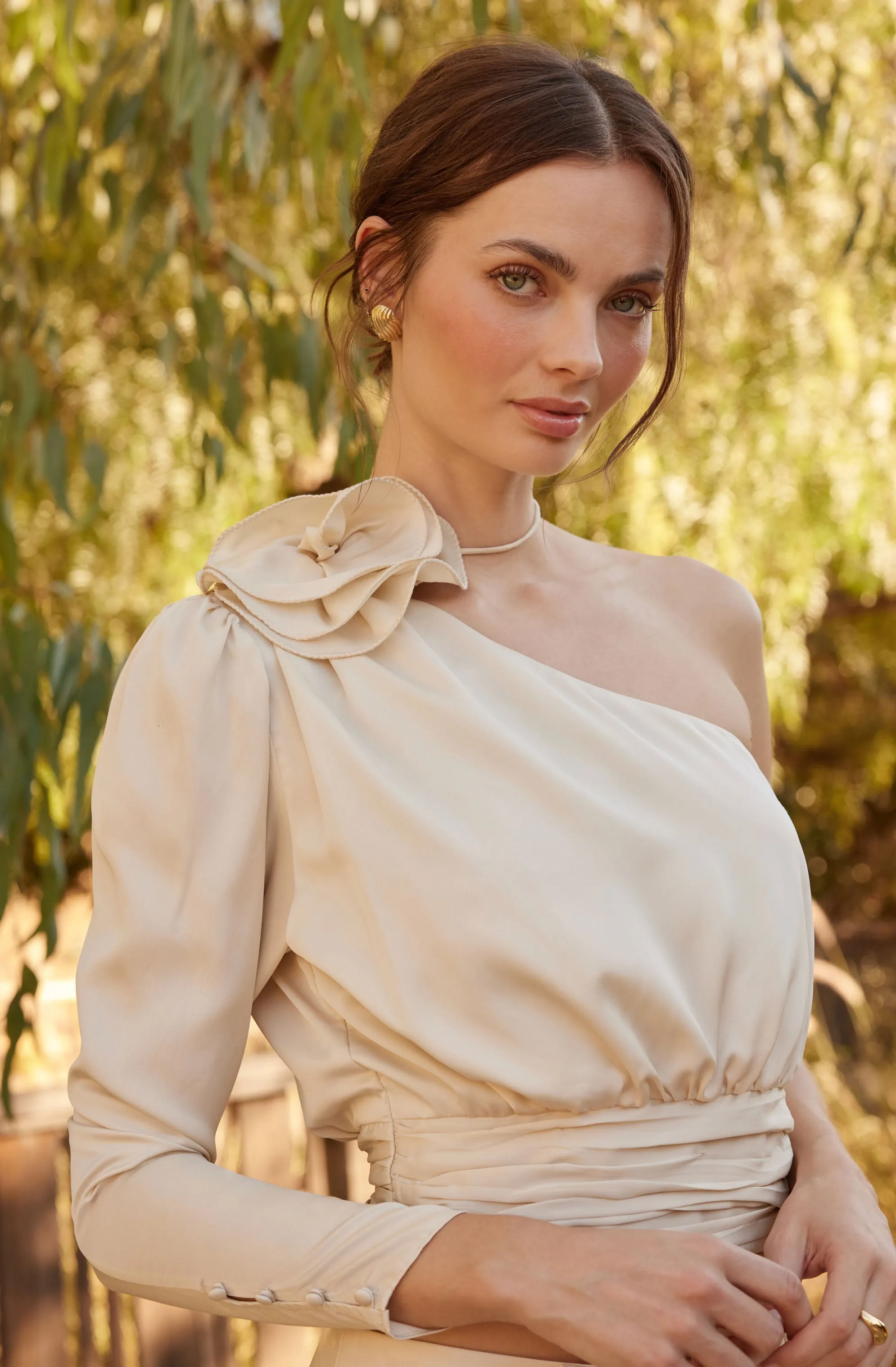 Carmelita One Shoulder Corsage Top in Satin