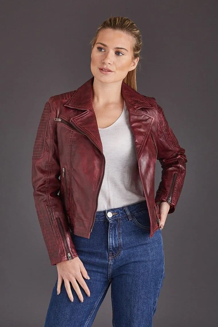 Casual Burgundy Leather Biker Ladies