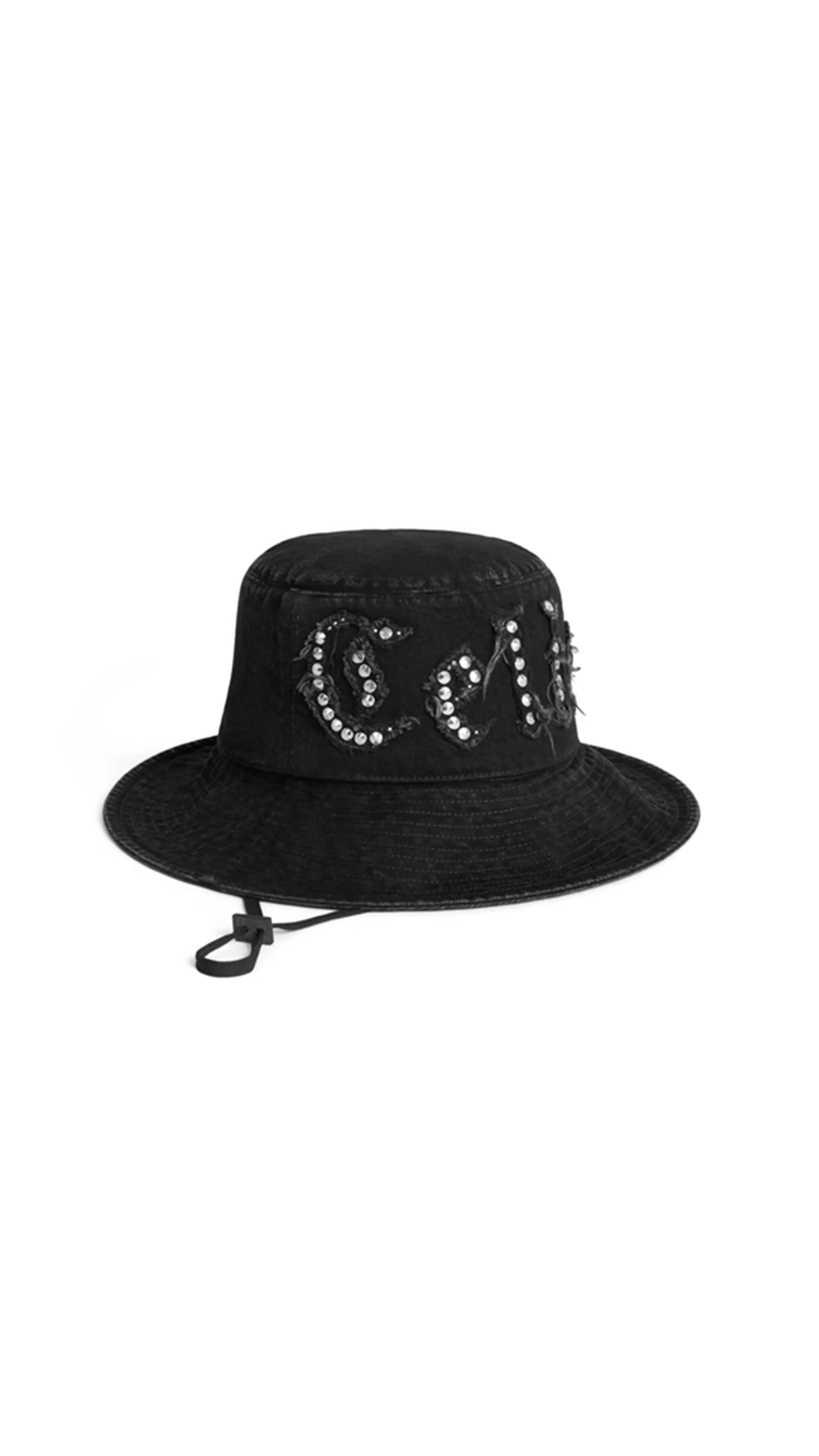 Celine Gothic Bucket Hat Rigid Cotton Vintage Dark Black Drawstring.