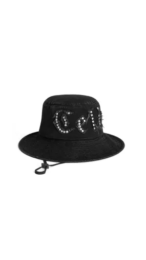 Celine Gothic Bucket Hat Rigid Cotton Vintage Dark Black Drawstring.