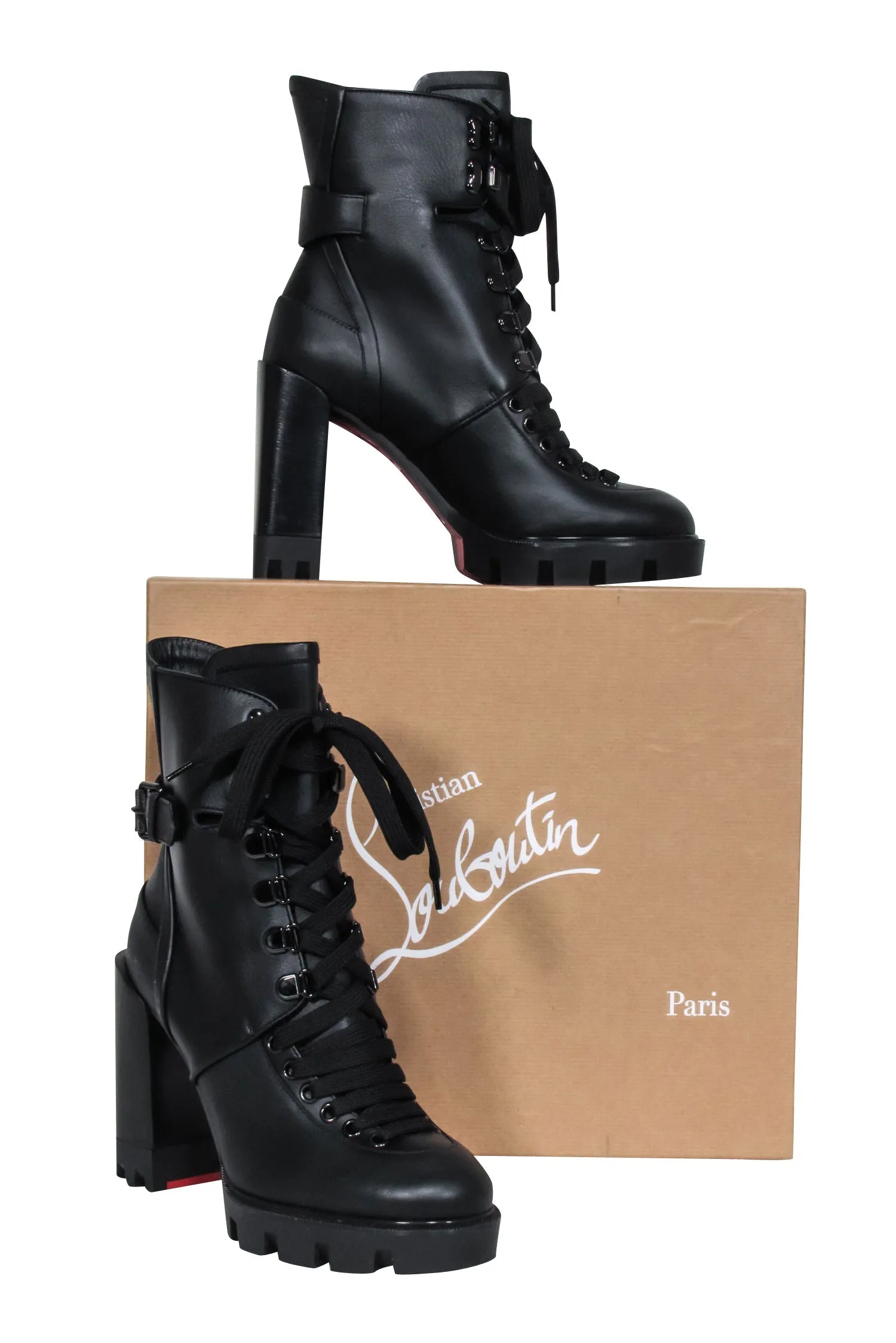 Christian Louboutin - Black Leather Lace Up Macademia Short Boots Sz 7