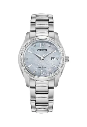 Citizen Women's Stainless Steel Bracelet Watch with Mother of Pearl Crystal Dial and Bezel