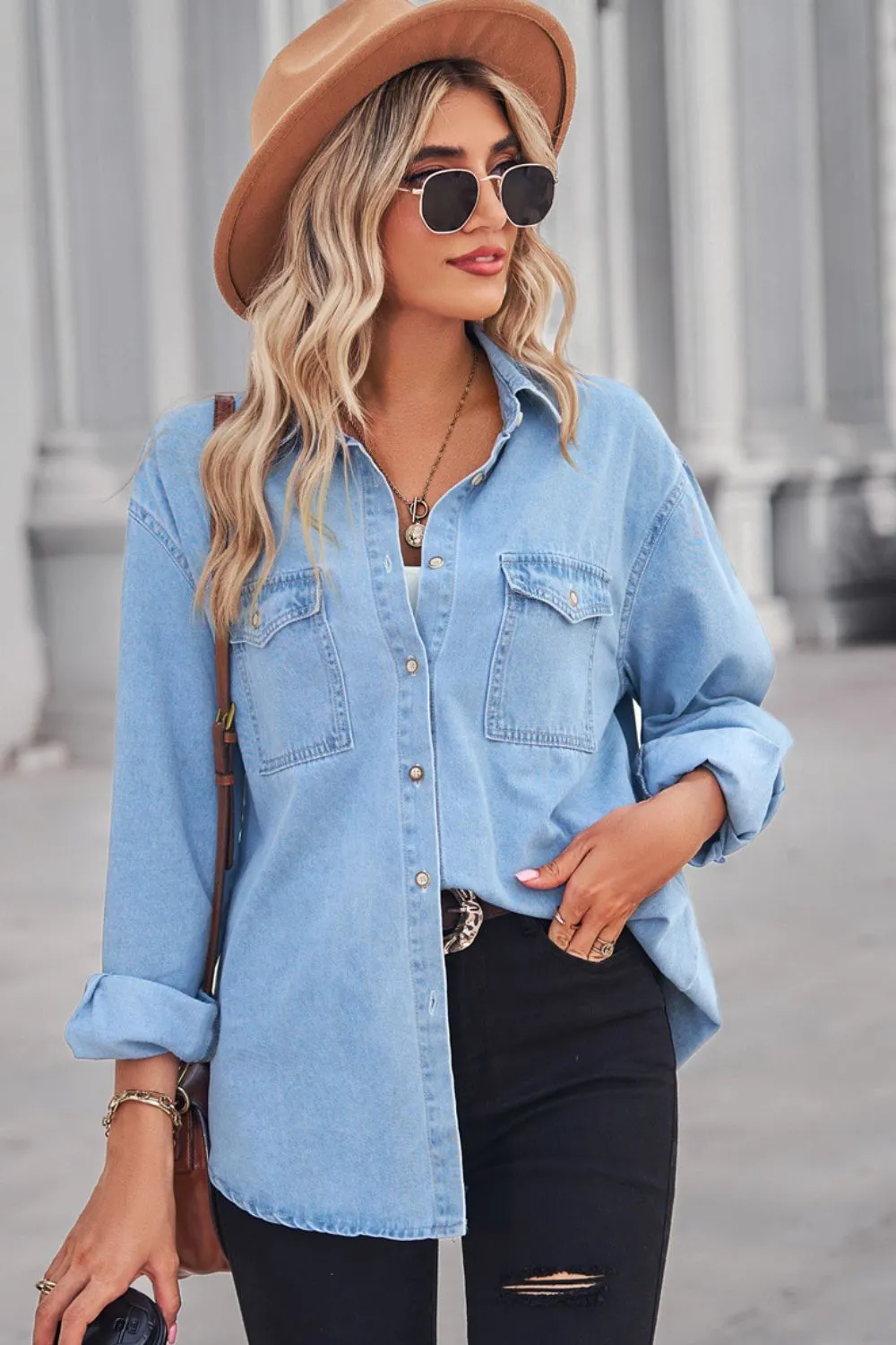 Denim Top with Collared Neck and Dropped Shoulder