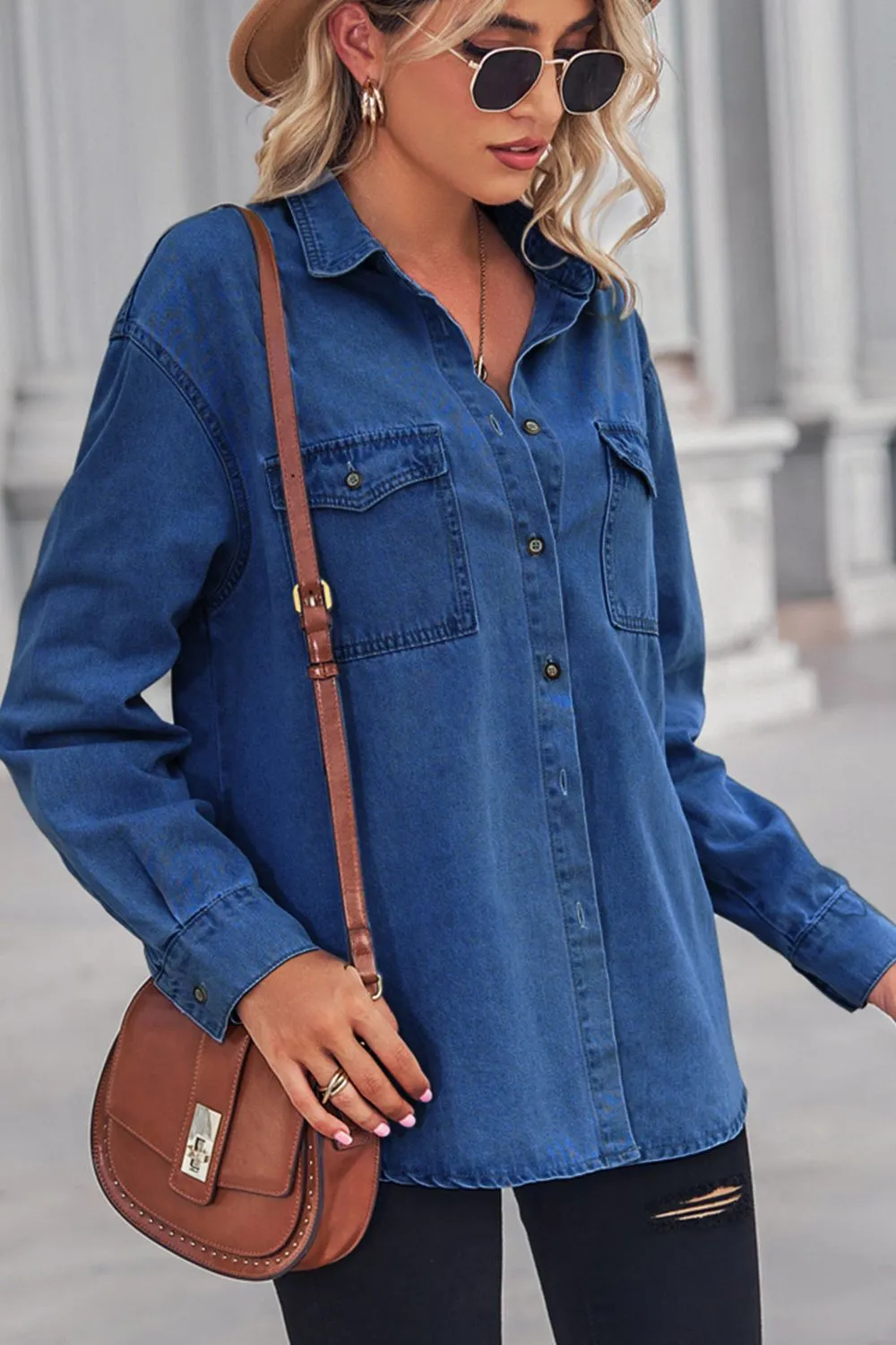 Denim Top with Collared Neck and Dropped Shoulder