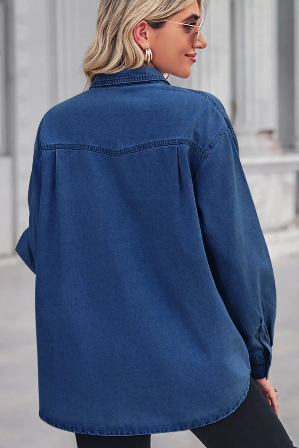 Denim Top with Collared Neck and Dropped Shoulder