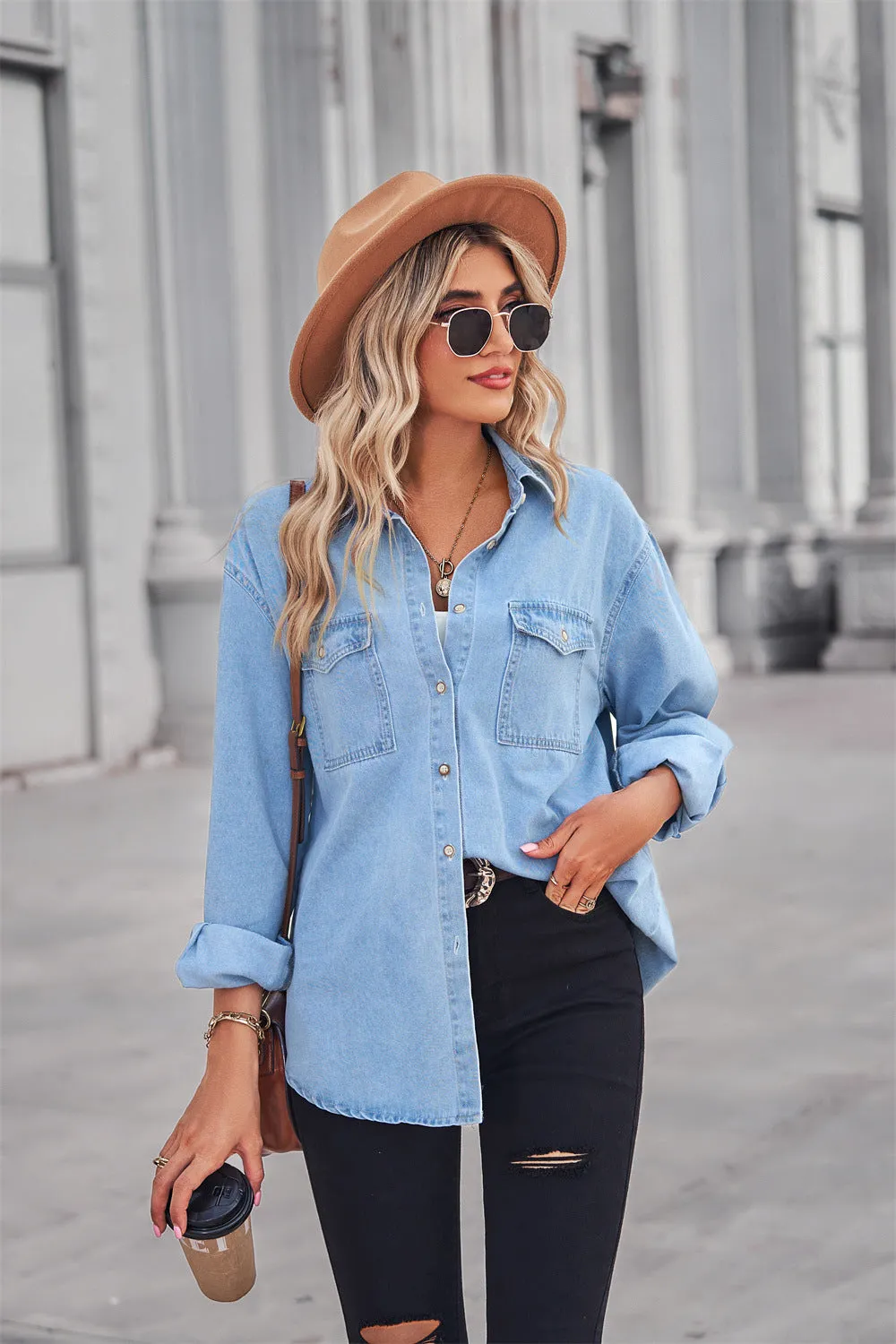 Denim Top with Collared Neck and Dropped Shoulder