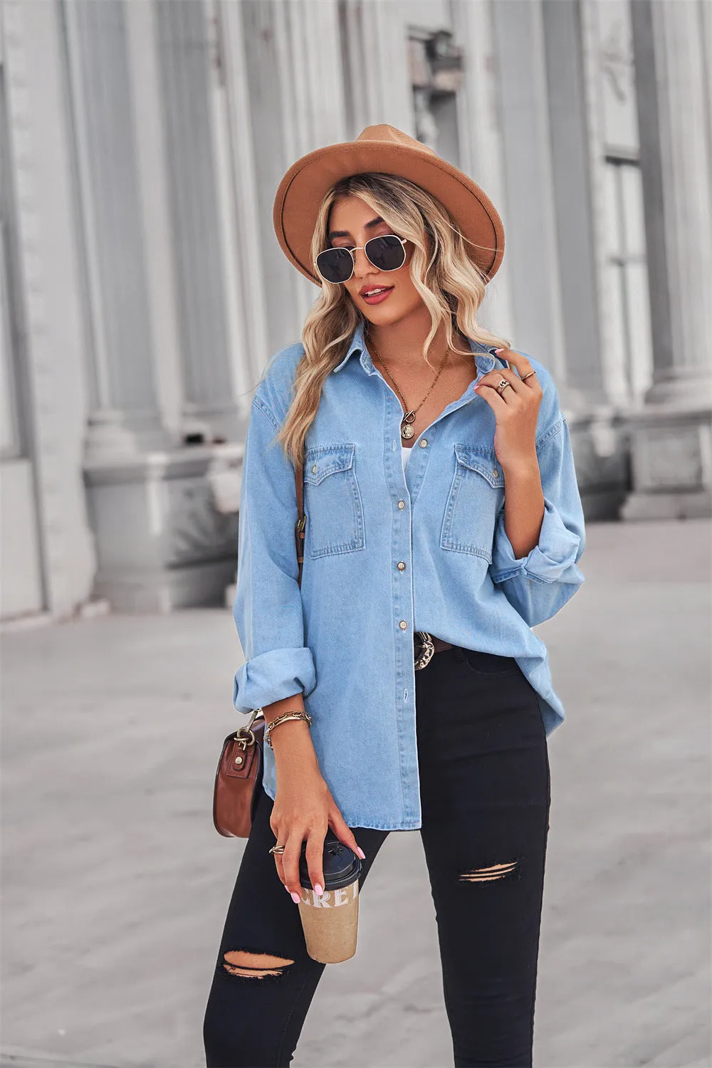 Denim Top with Collared Neck and Dropped Shoulder