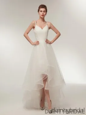 White V-Neck Spaghetti Strap Lace Up Back Tulle Wedding Dress - DB0097