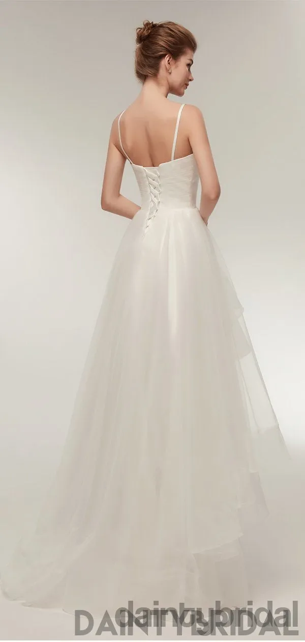 White V-Neck Spaghetti Strap Lace Up Back Tulle Wedding Dress - DB0097