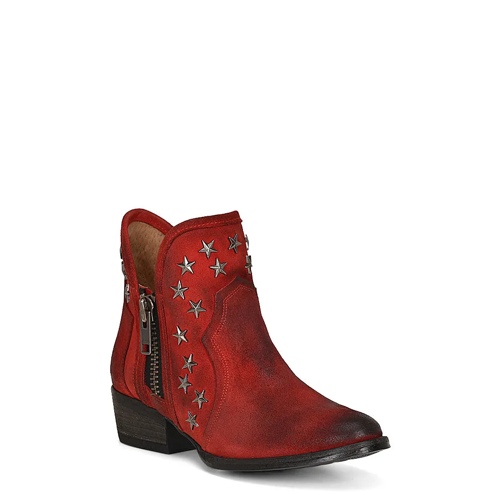 Women's Red Suede Leather Ankle Bootie with Studs & Side Zip, Size 5.5