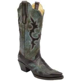 Corral Women's Turquoise Green and Chocolate Patch Western Boot R1178