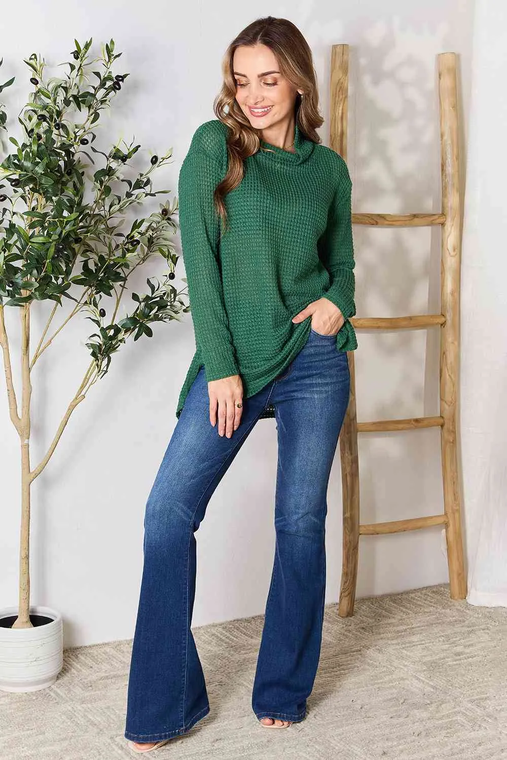 Culture Code Long Sleeve Slit Blouse with Dropped Shoulders