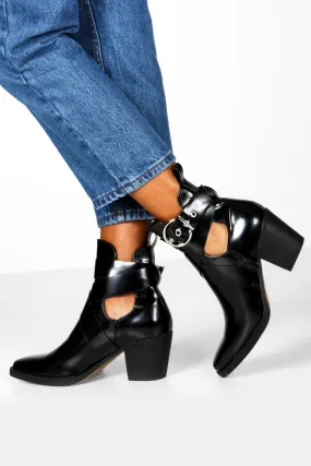 Cut Out Buckle Strap Block Heel Western Boots