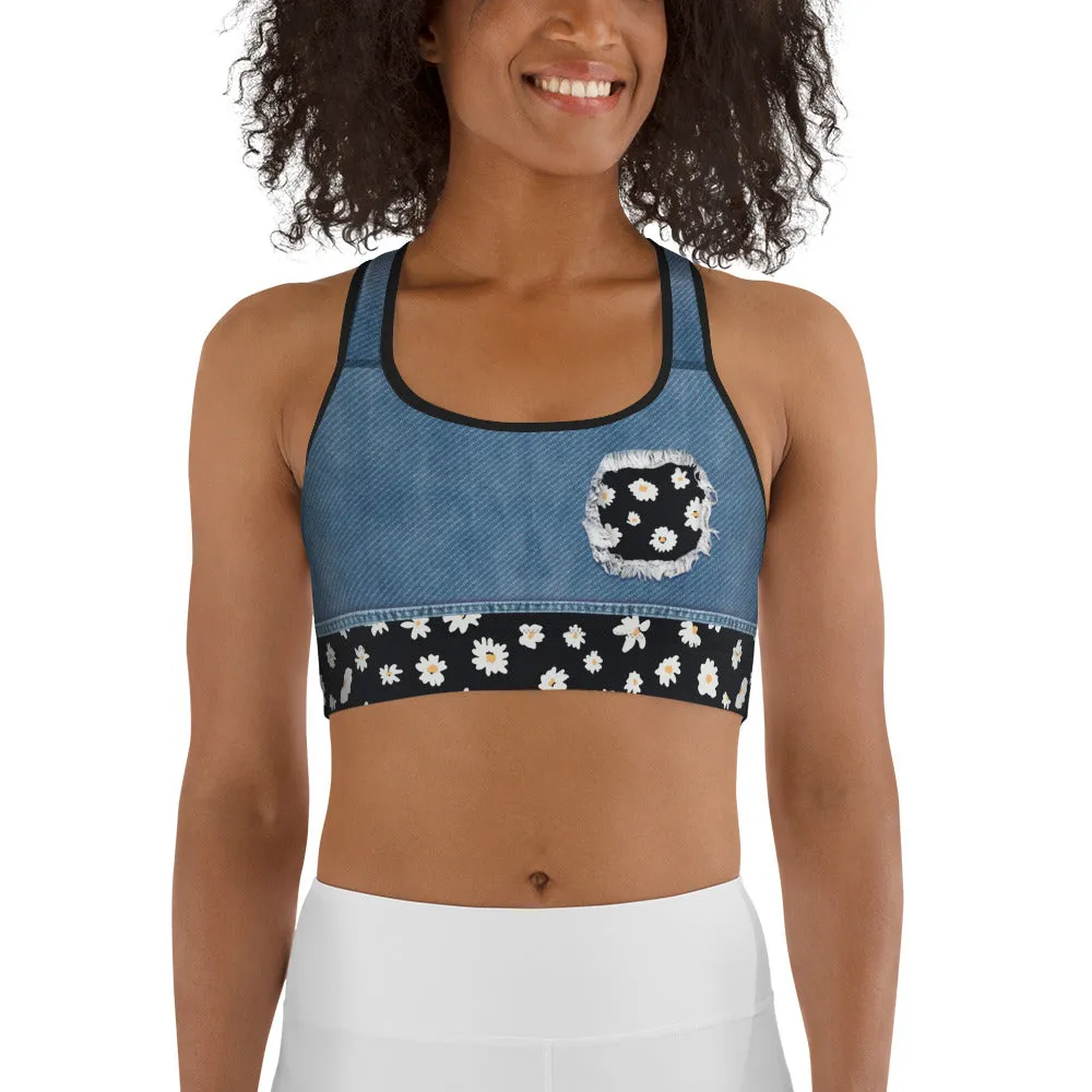 Daisy Denim Print Sports Bra