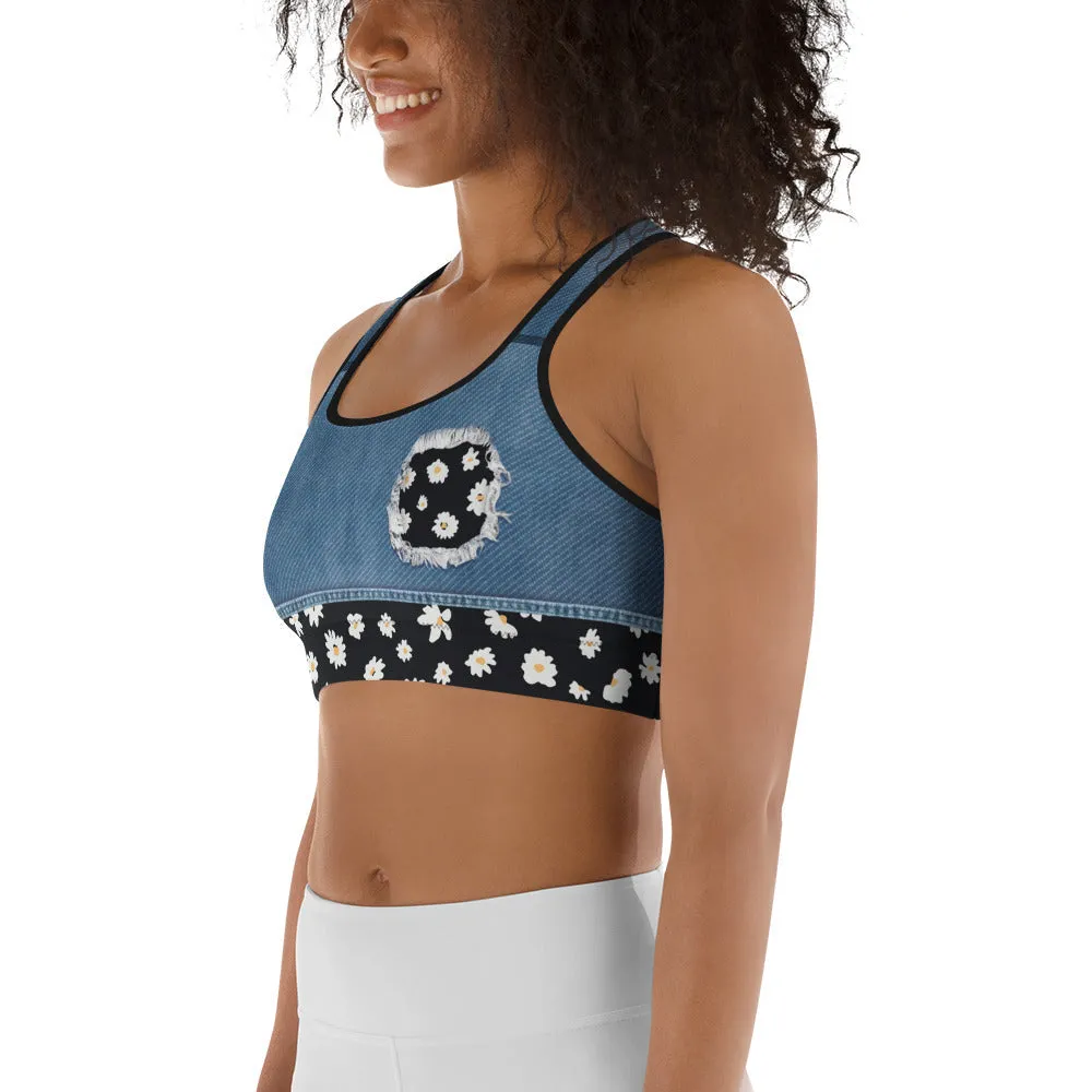 Daisy Denim Print Sports Bra